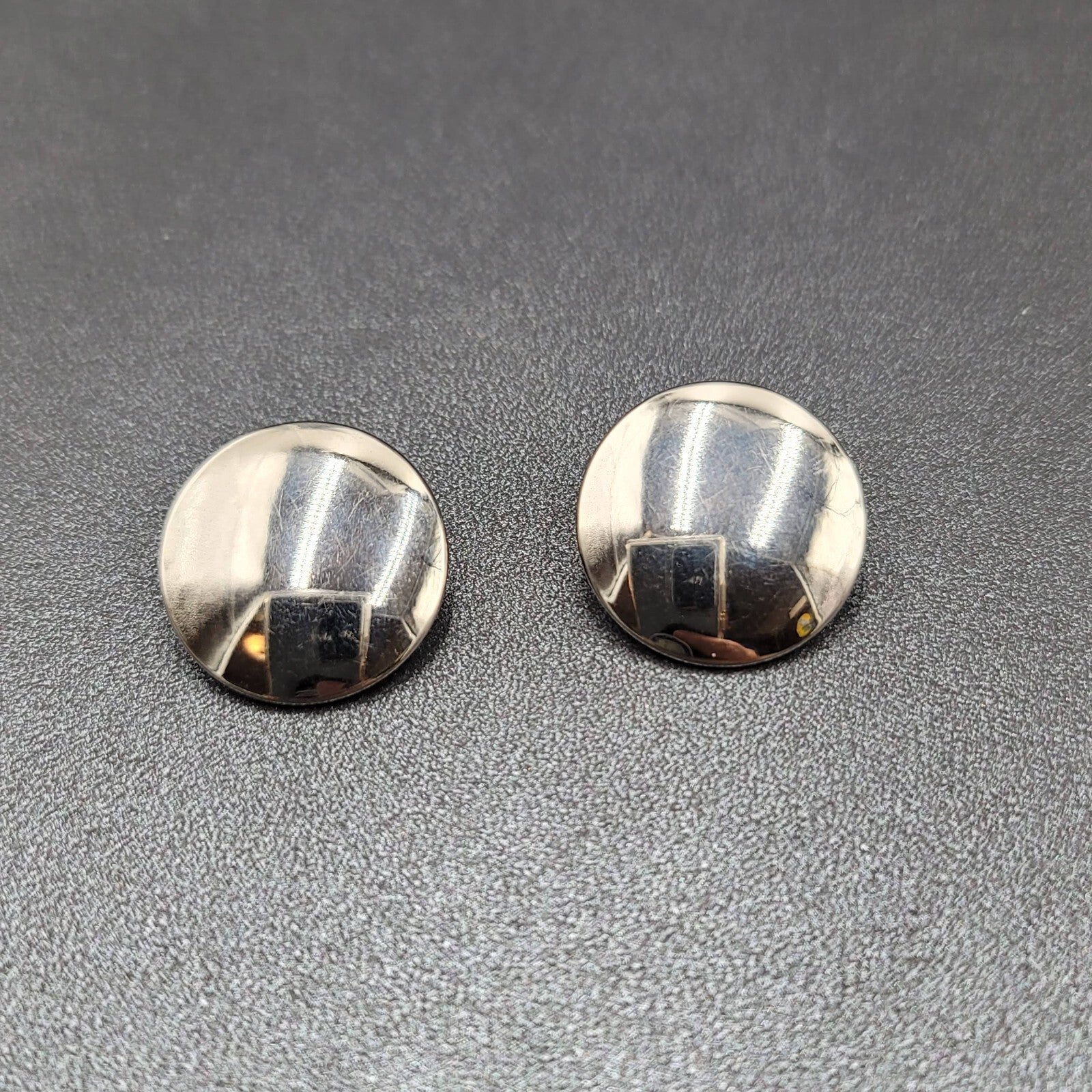 Vintage Clip on Earrings Silver tone Round Studs Mirror-like 7/8"