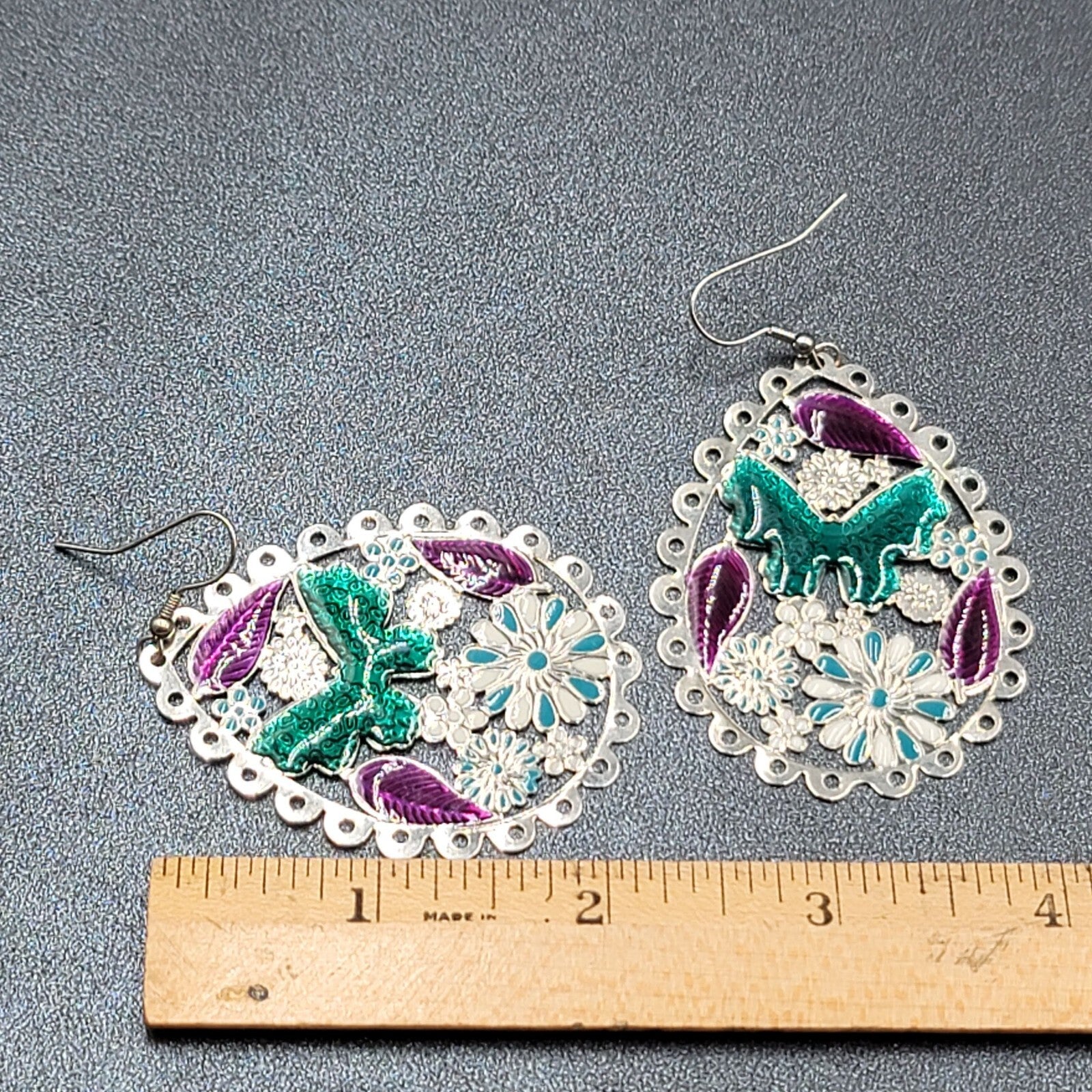 Pierced Earrings Large Silver tone Teardrop Butterfly Flowers Dangle 2.25"