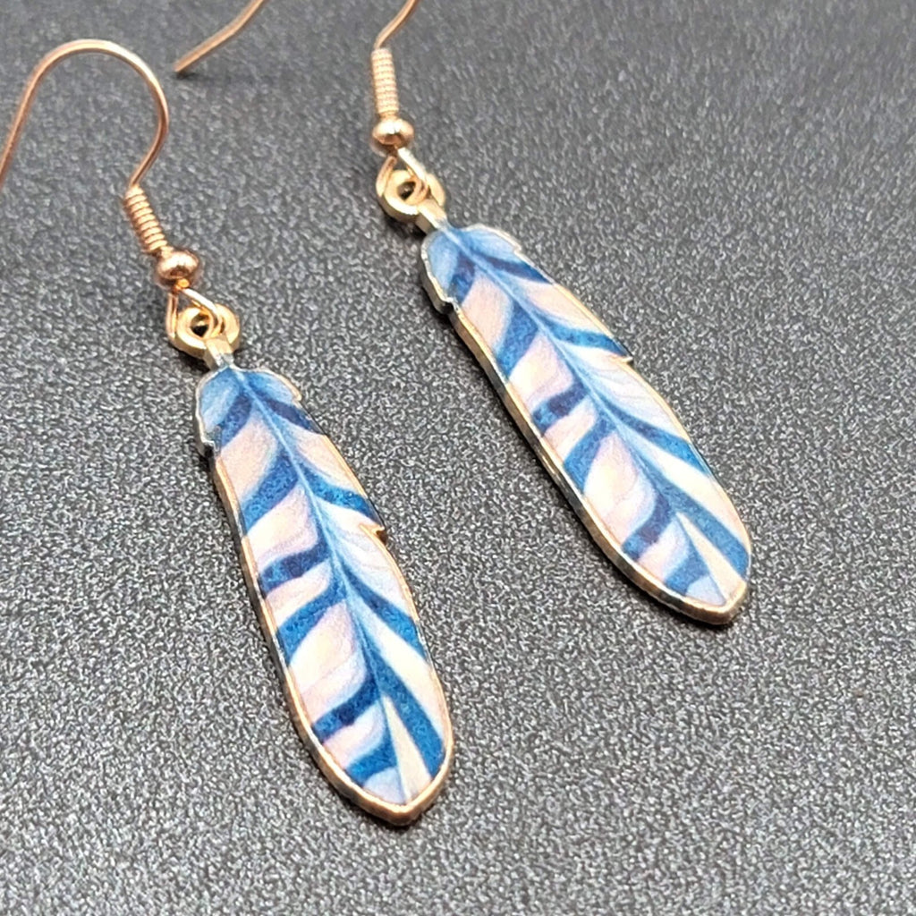 Metal Feather Pierced Earrings Blue White Striped Gold tone Dangle 1.5"