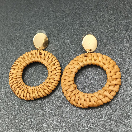 Boho Pierced Earrings Gold tone Rattan Ring Statement Dangle 2 1/2"
