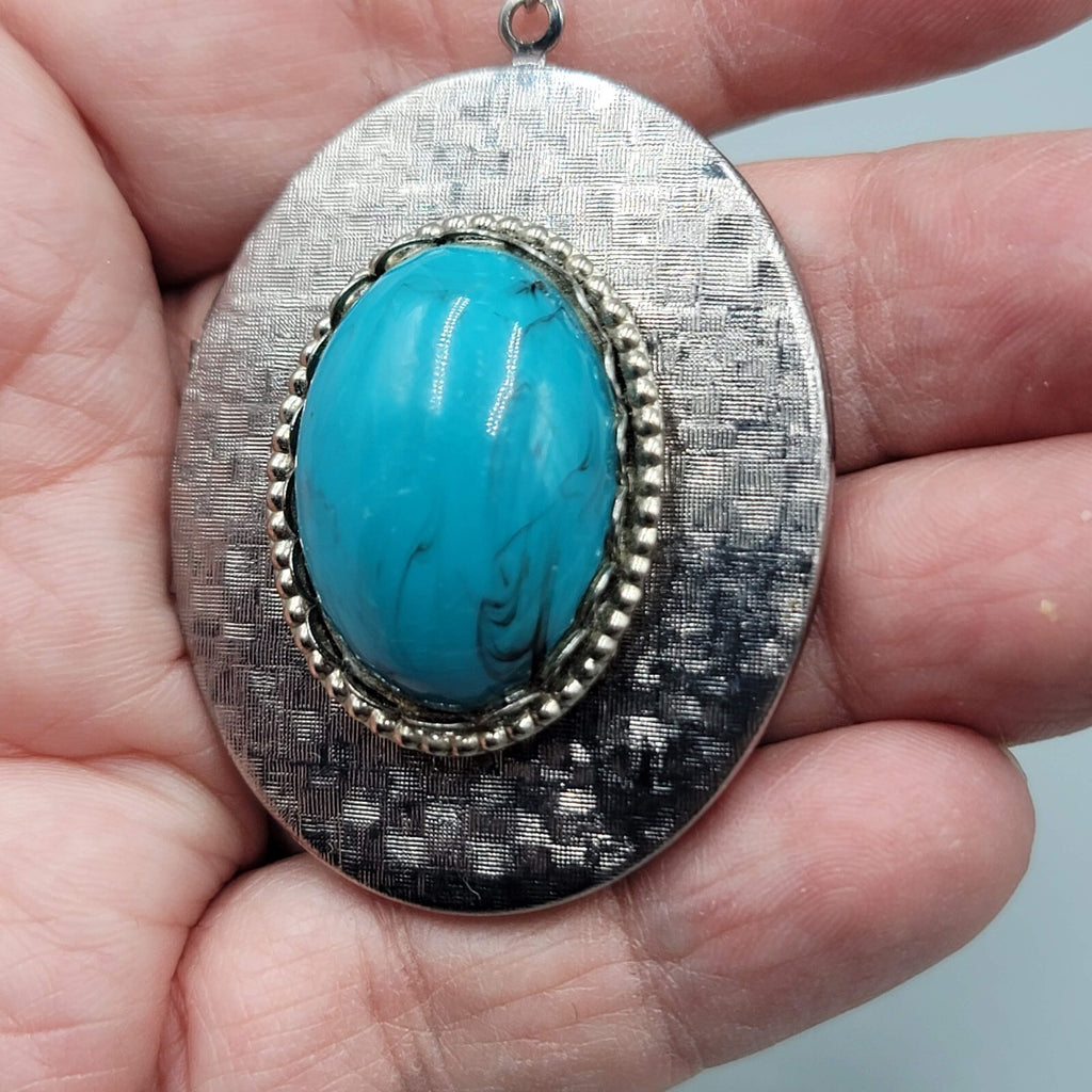 Vintage Large Locket Pendant Necklace Blue Acrylic Cabochon 26"