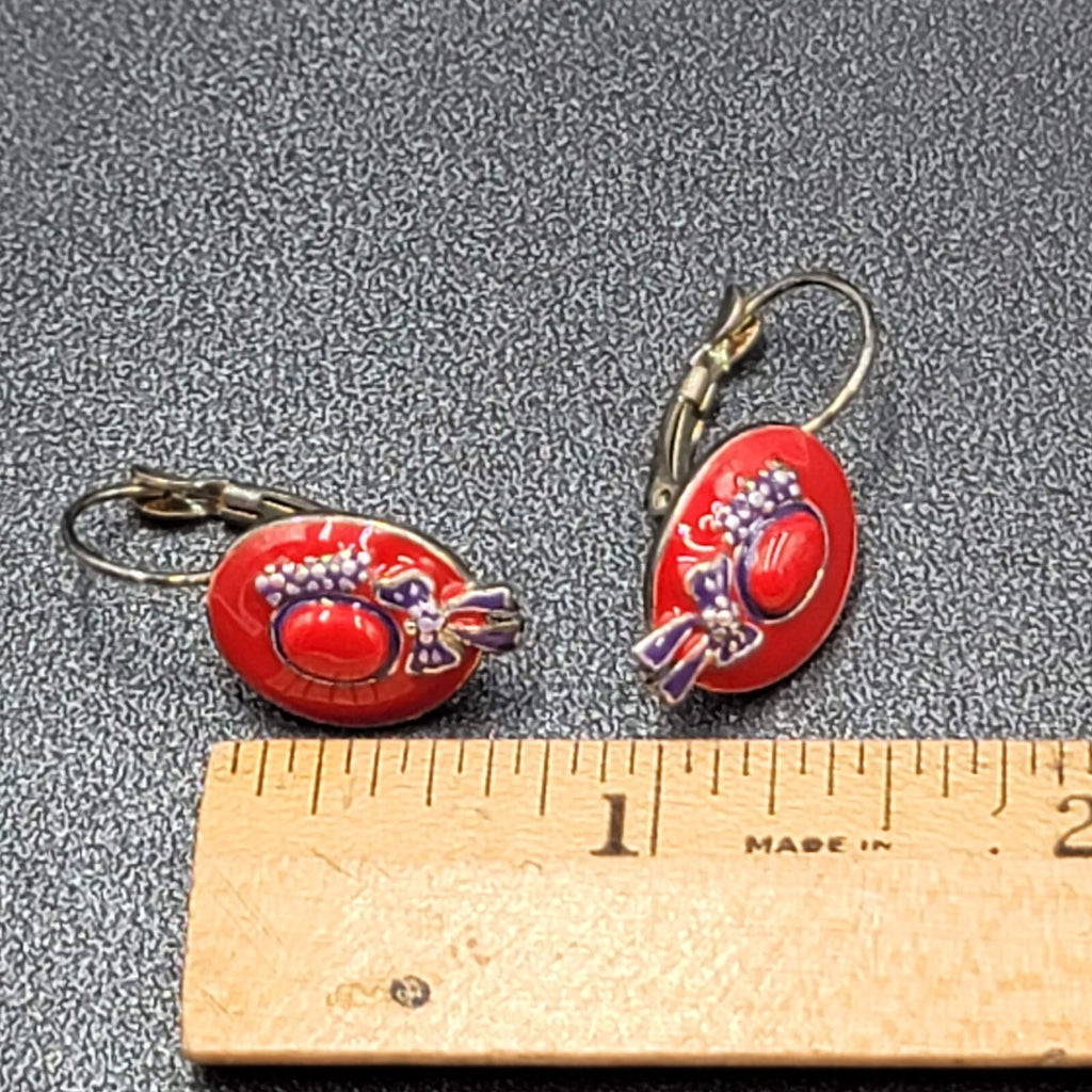 Vintage Red Hat Society Pierced Earrings Enamel Dangle Leverback 3/4"