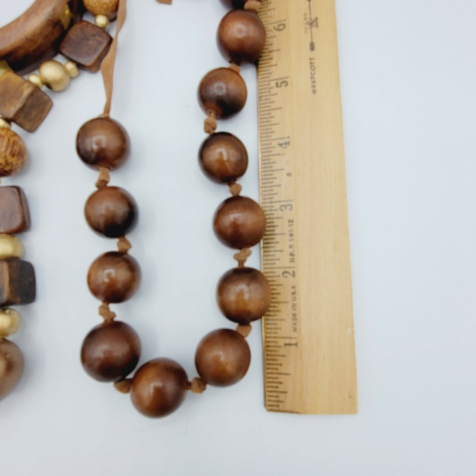 Vintage Wood Jewelry Lot 3 Necklaces and 1 Bangle Brass Inlay Bracelet