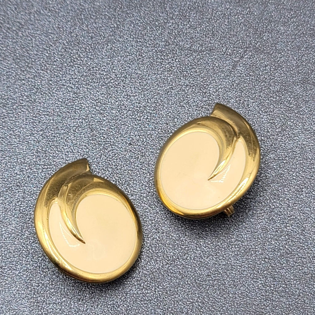 Vintage MONET Clip on Earrings Gold Plated White Enamel Drop 1 3/8"