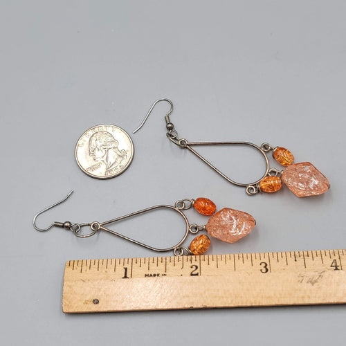 Confetti Orange Bead Pierced Earrings Silver tone Dangle 2.75"