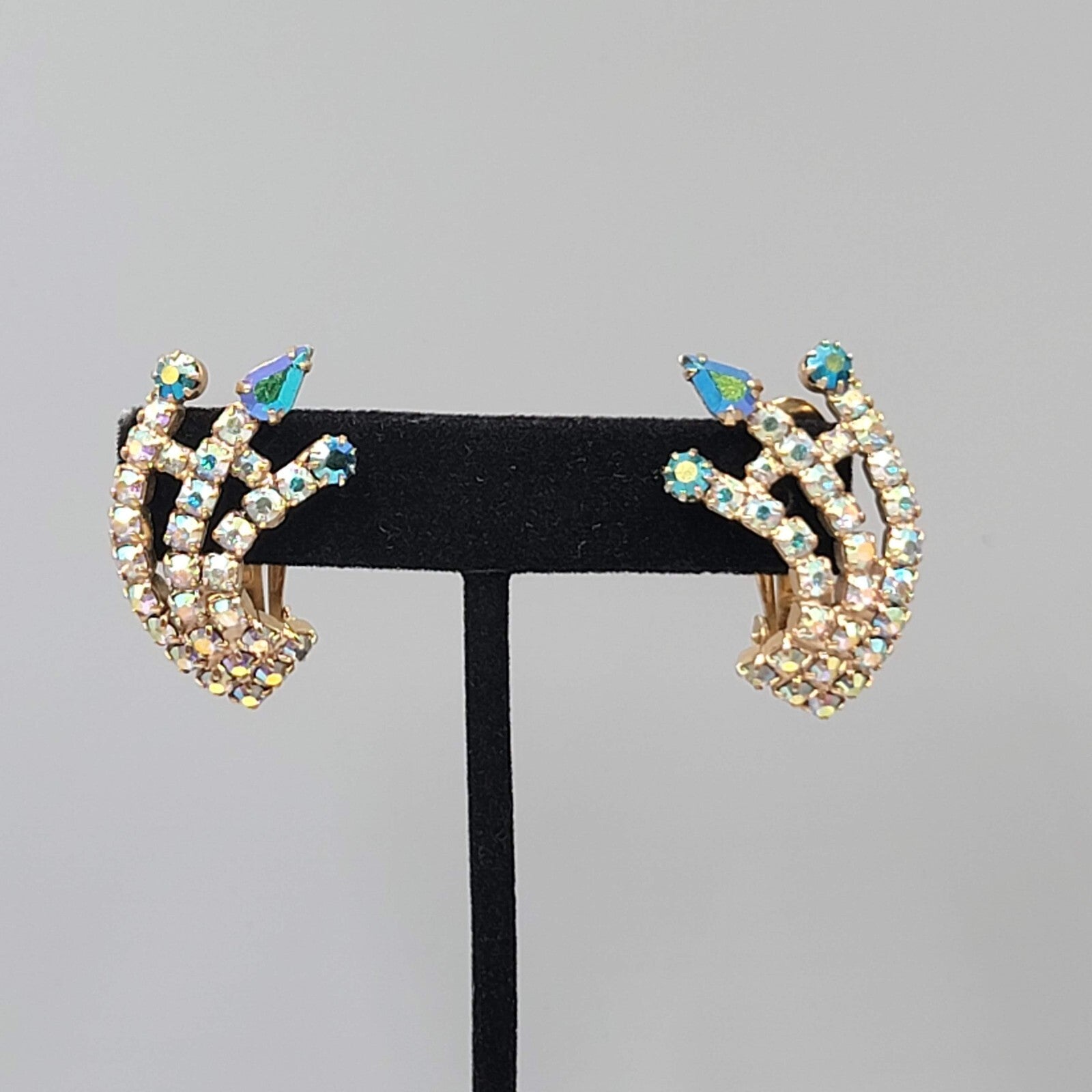 Vintage Clip on Earrings Multicolor AB Rhinestone Climber Spray 1 3/8"