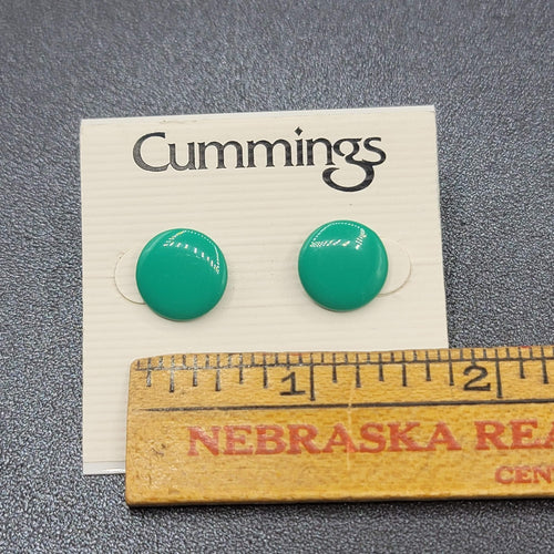 Cummings Pierced Earrings Teal Green Enamel Disc Studs 1/2" NWT