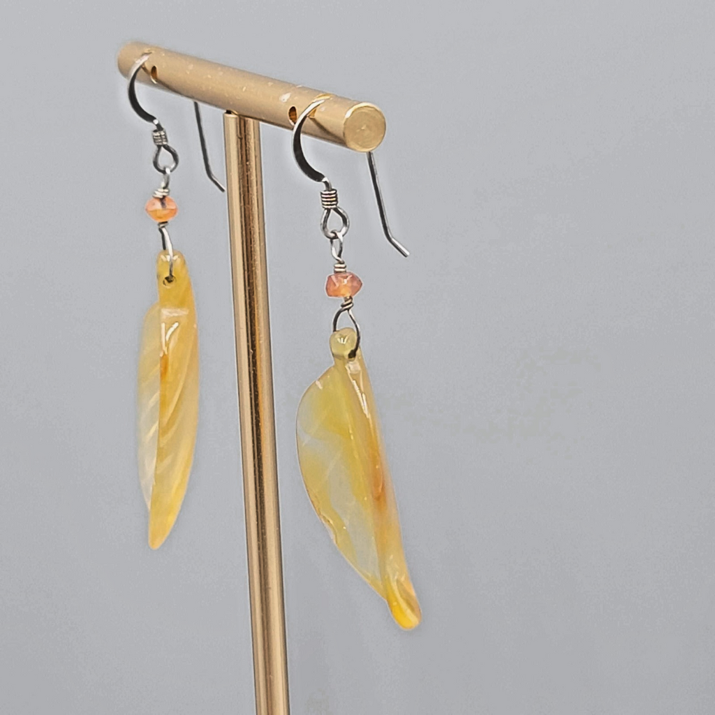 Sterling Silver Carved Agate Leaf Pierced Earrings Dangle 1.75"