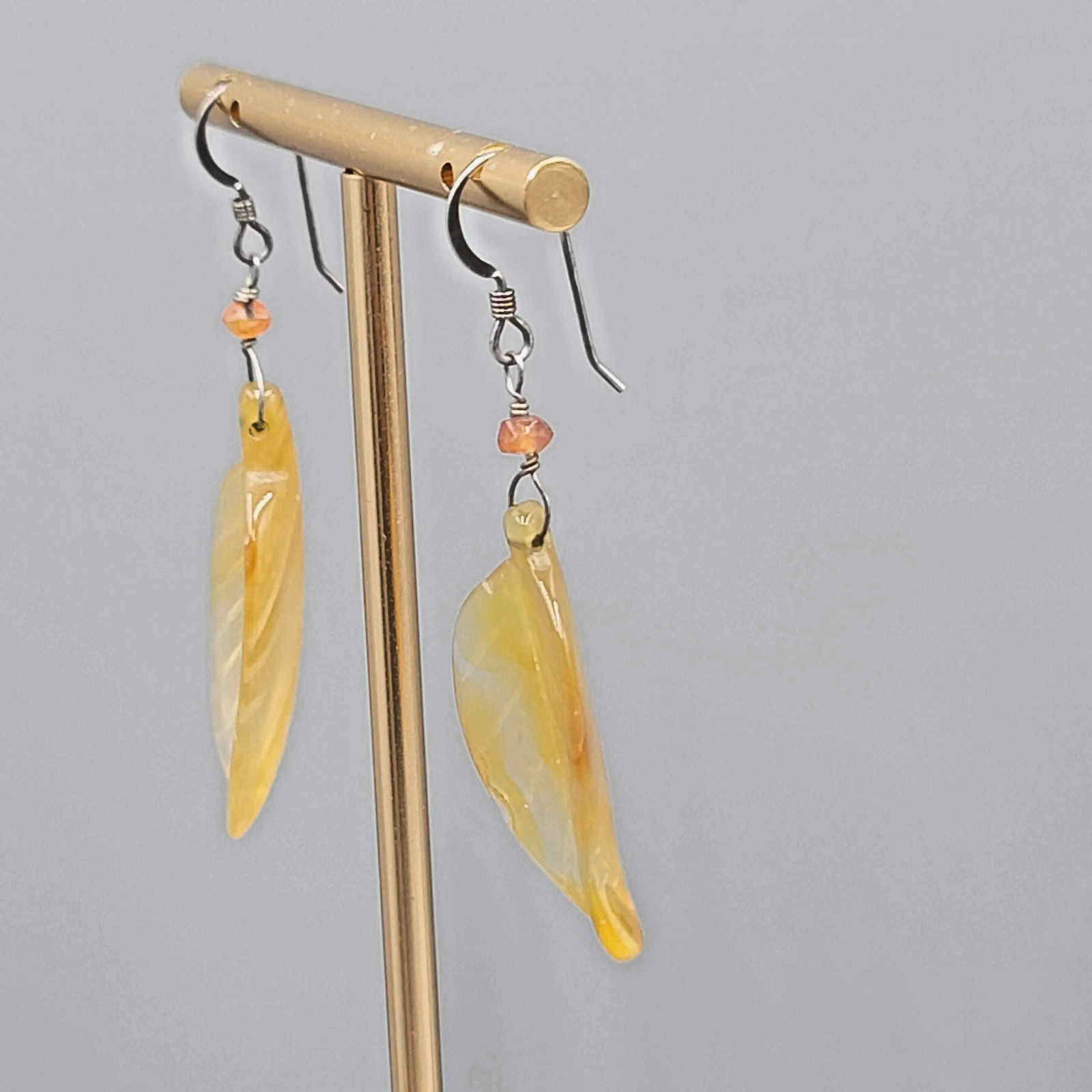 Sterling Silver Carved Agate Leaf Pierced Earrings Dangle 1.75"