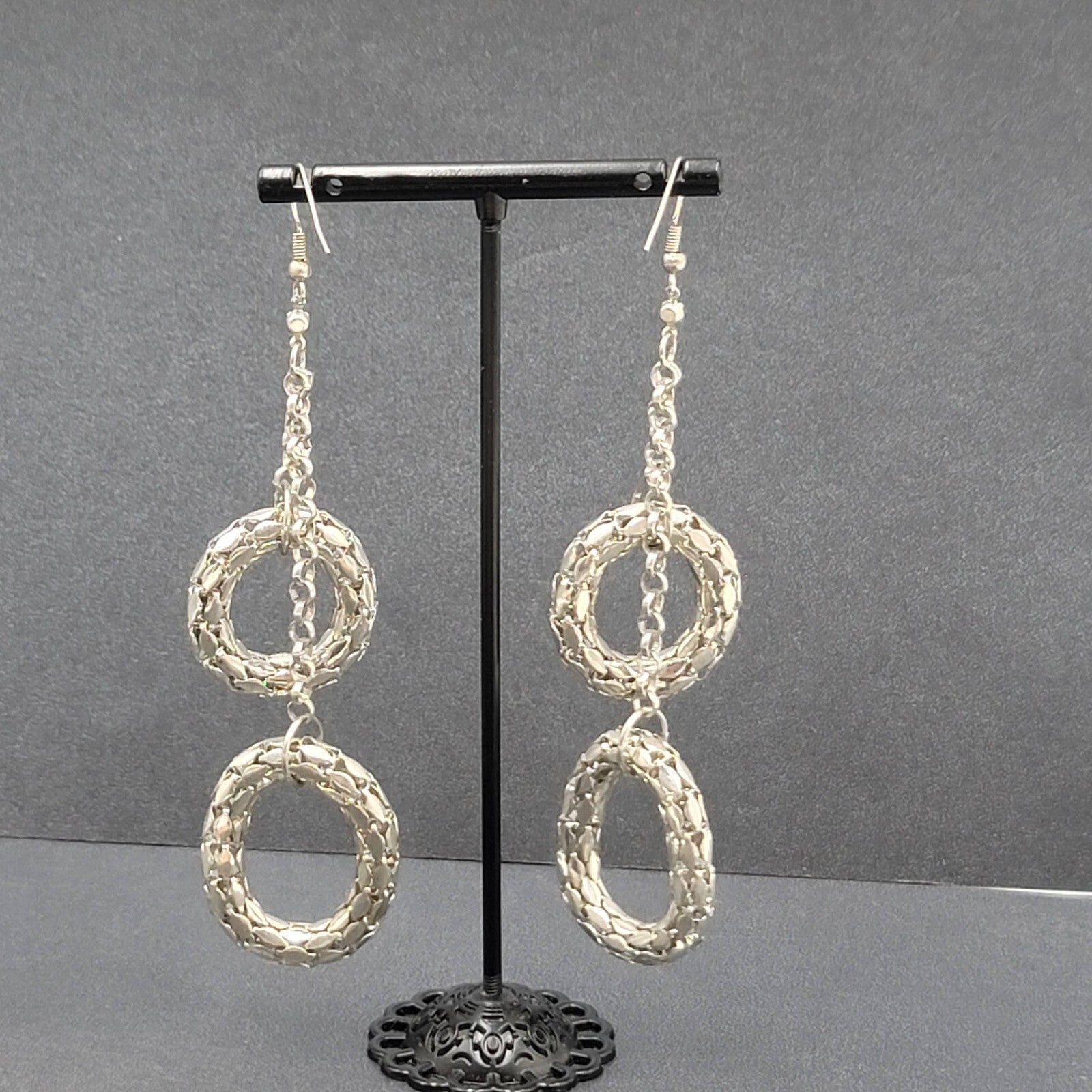 Pierced Earrings Silver tone Statement Dangle Chains 3.25"