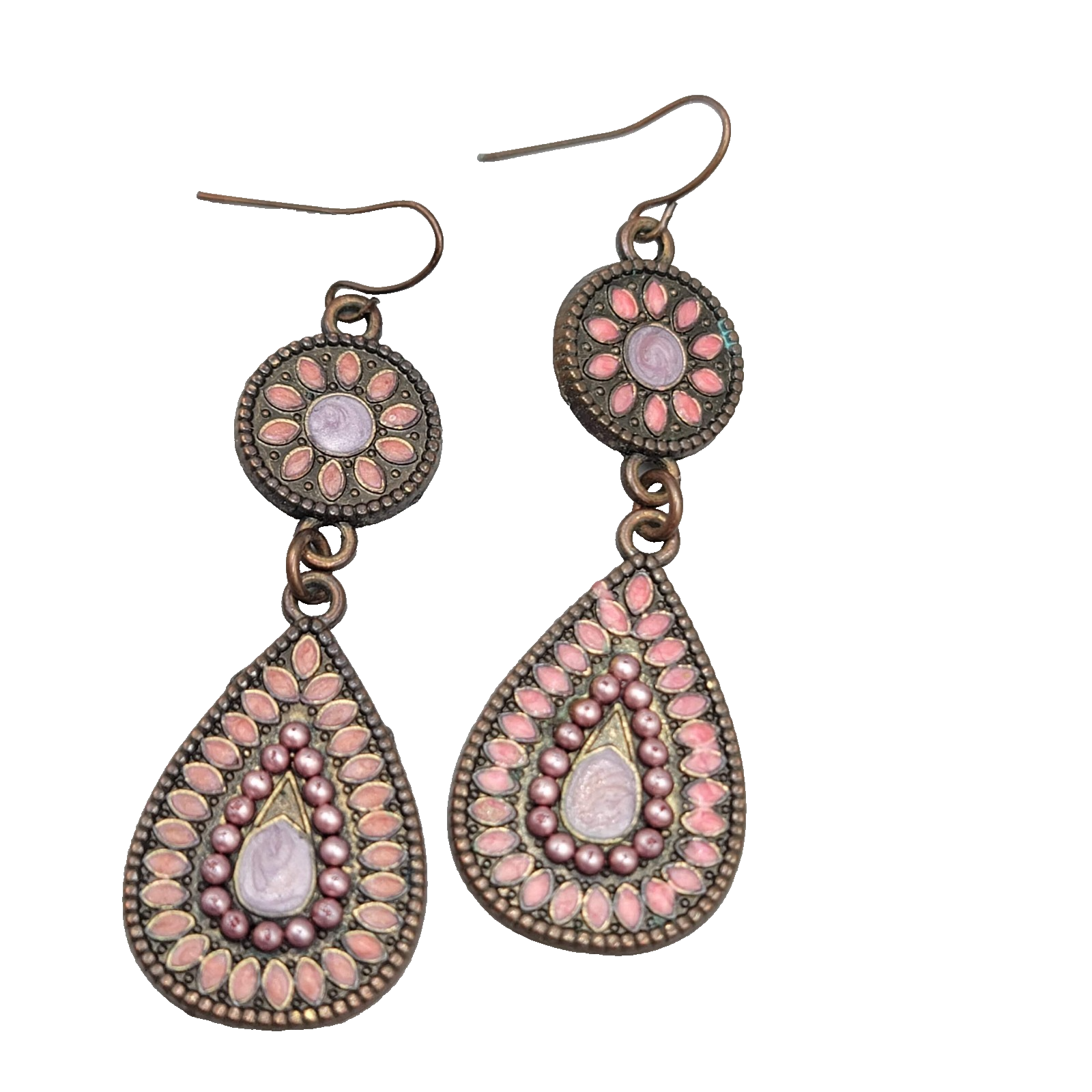 Enamel Teardrop Double Medallion Pierced Earrings Bronze tone Dangle 2 in