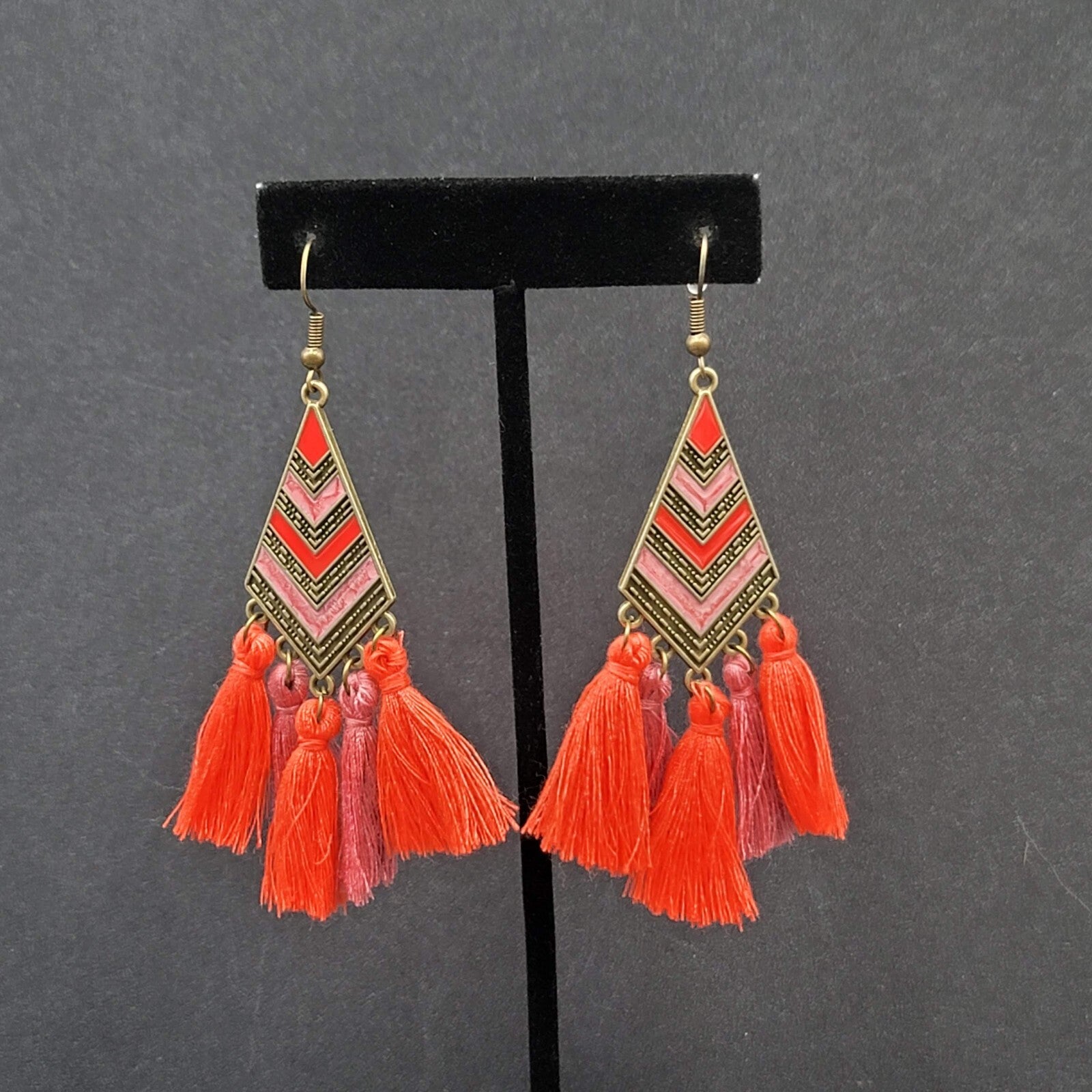 New Boho Pierced Earrings Antiqued Gold tone Enamel Orange Purple Tassel 3"
