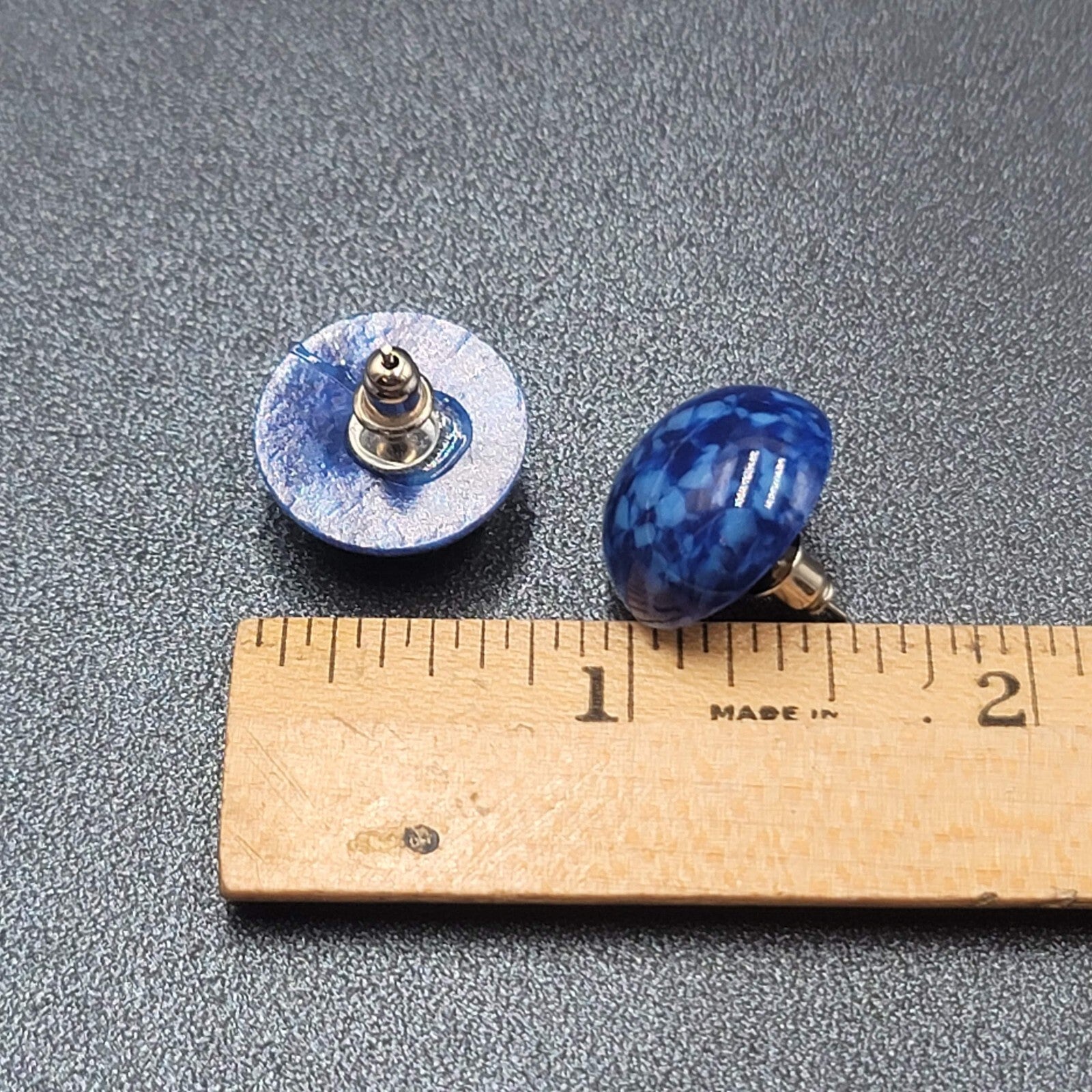Vintage Pierced Earrings Blue Speckled Dome Studs 5/8"
