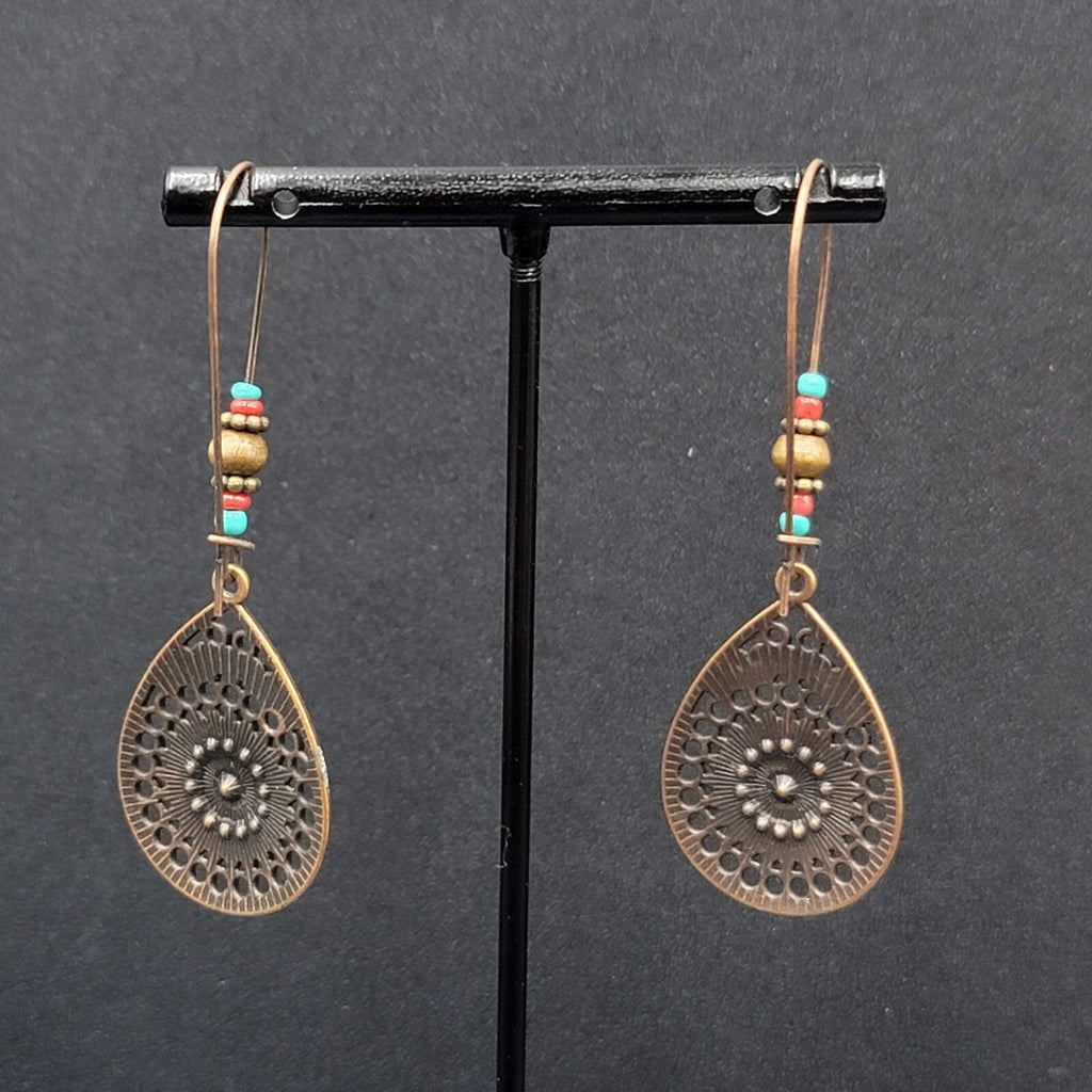 New Boho Pierced Earrings Copper tone AB Crystal Beaded 2 5/8"