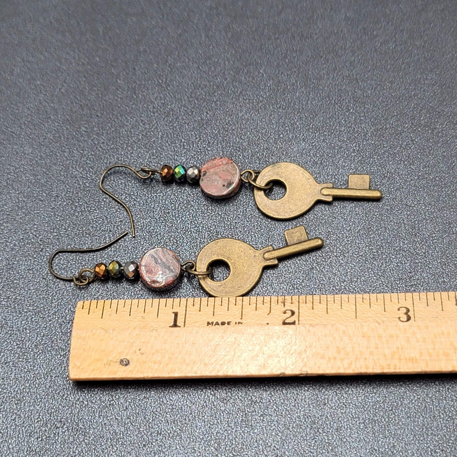 KEY Pierced Earrings Antiqued Gold tone Agate Stone Bead Dangle 2.25"