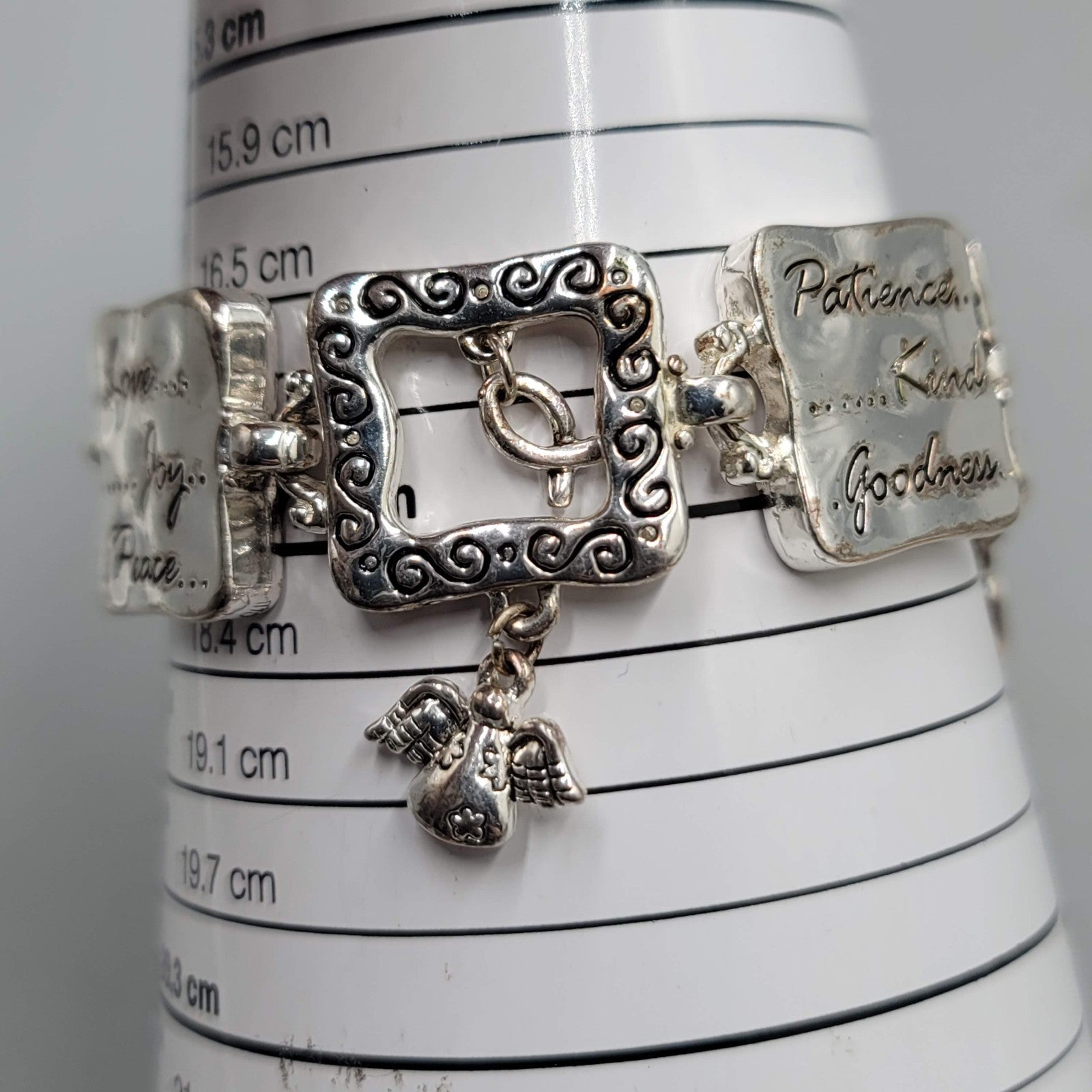 Love Joy Peace Panel Bracelet Silver tone Patience Kind Goodness 7 in