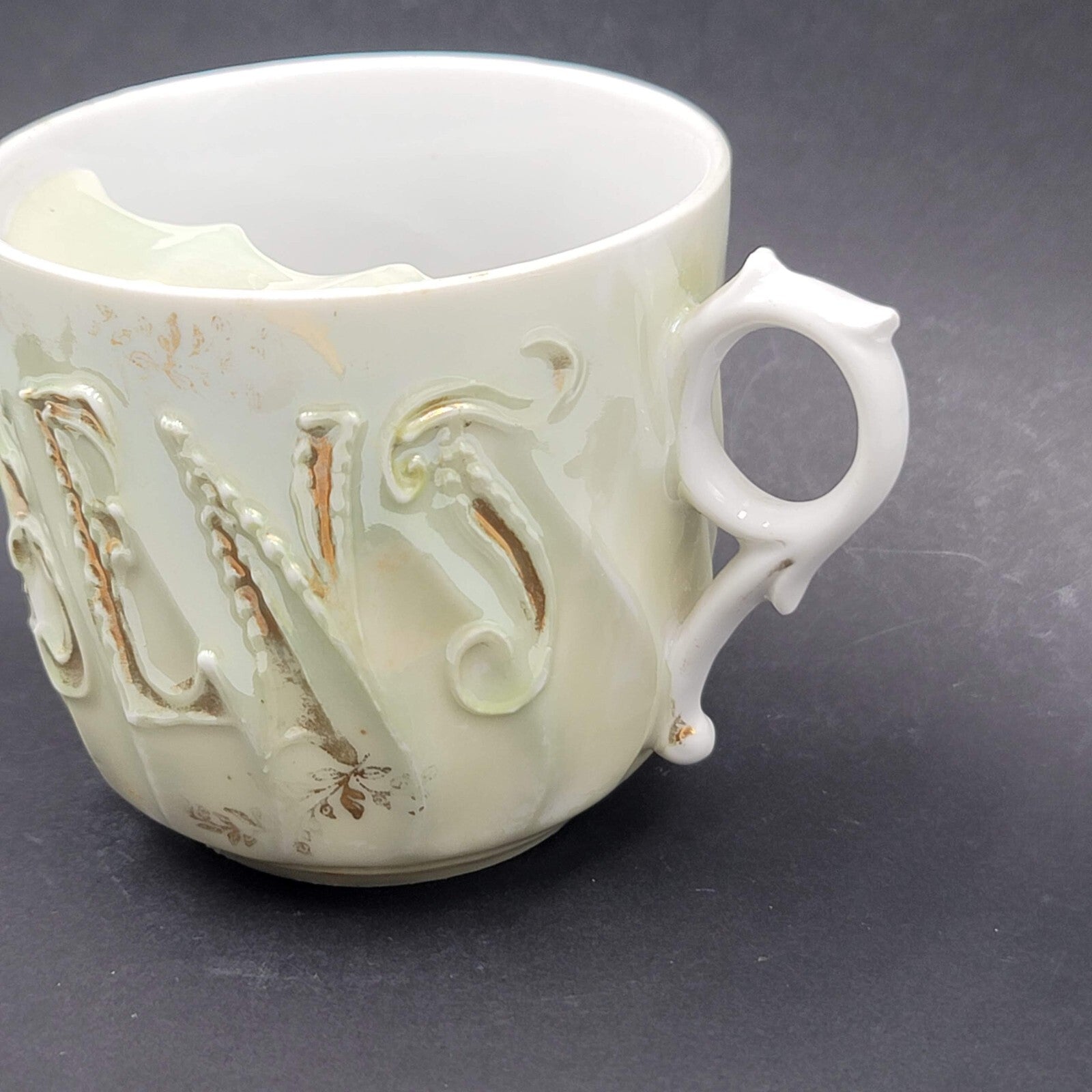 Antique Vintage Mustache Cup "Present" Gold Trim Floral Victorian Era Drinkware