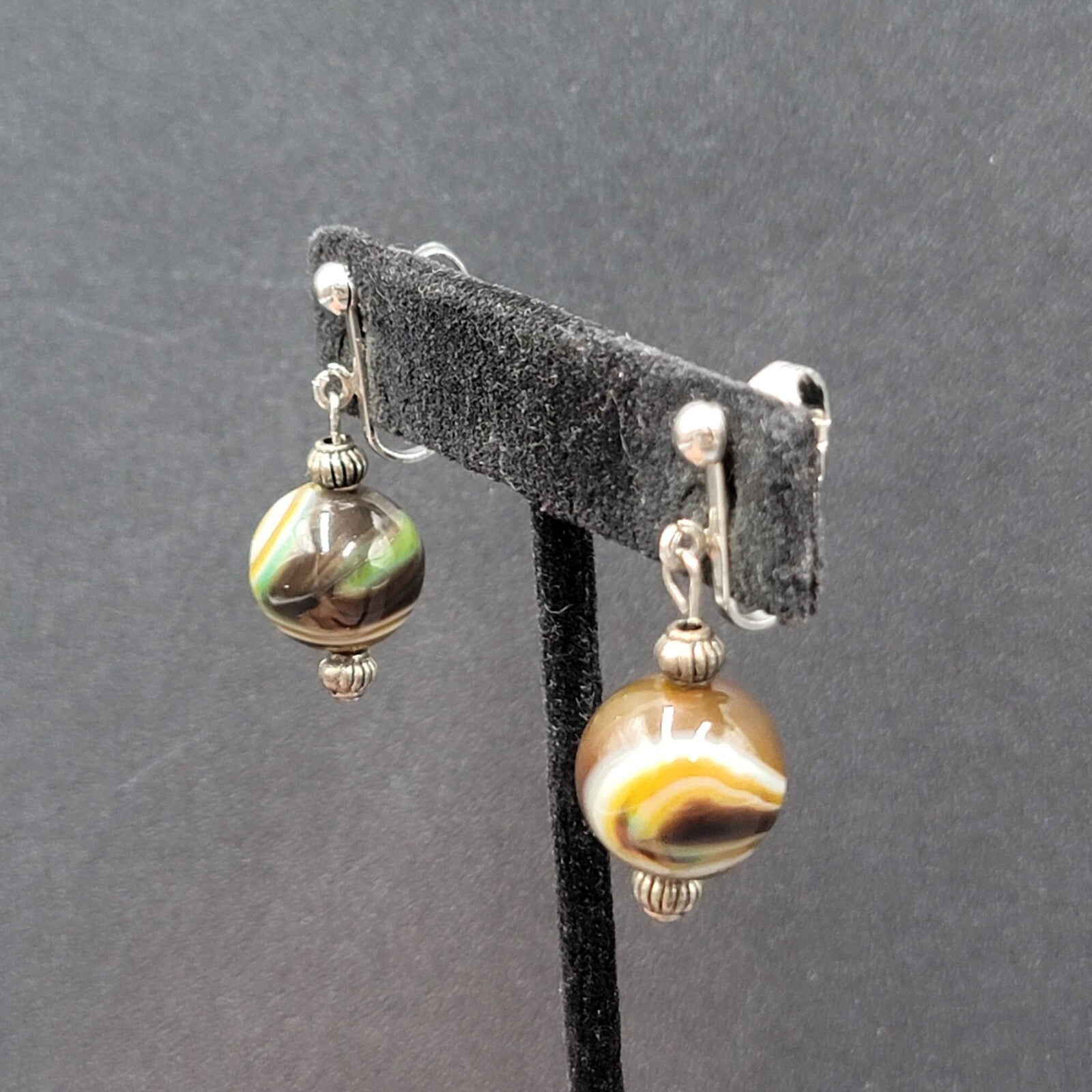 Clip on Earrings Silver tone Slag Glass Marble Bead Dangle 1"