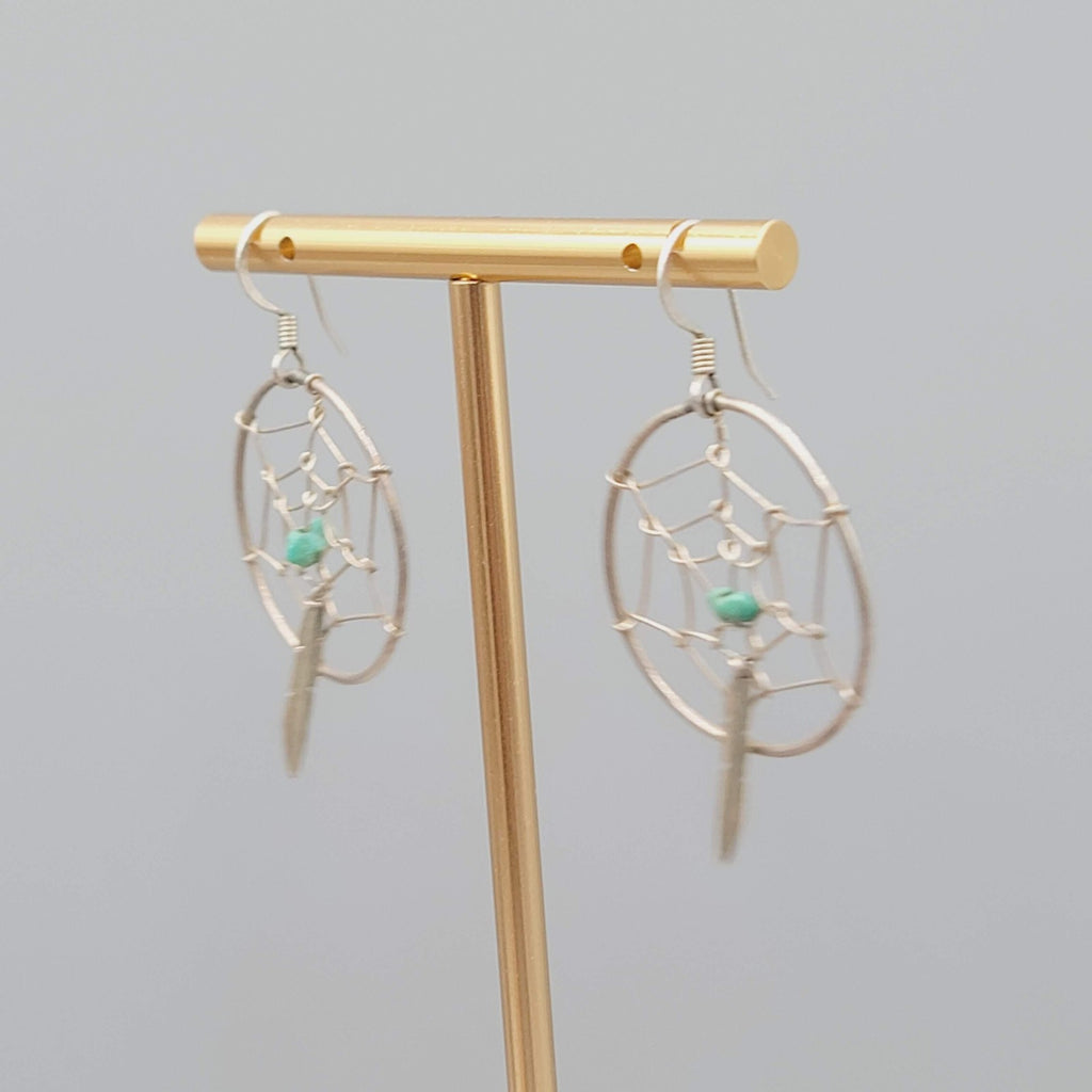 Vintage Silver tone Dreamcatcher Earrings Turquoise Feather Dangle 1.25"