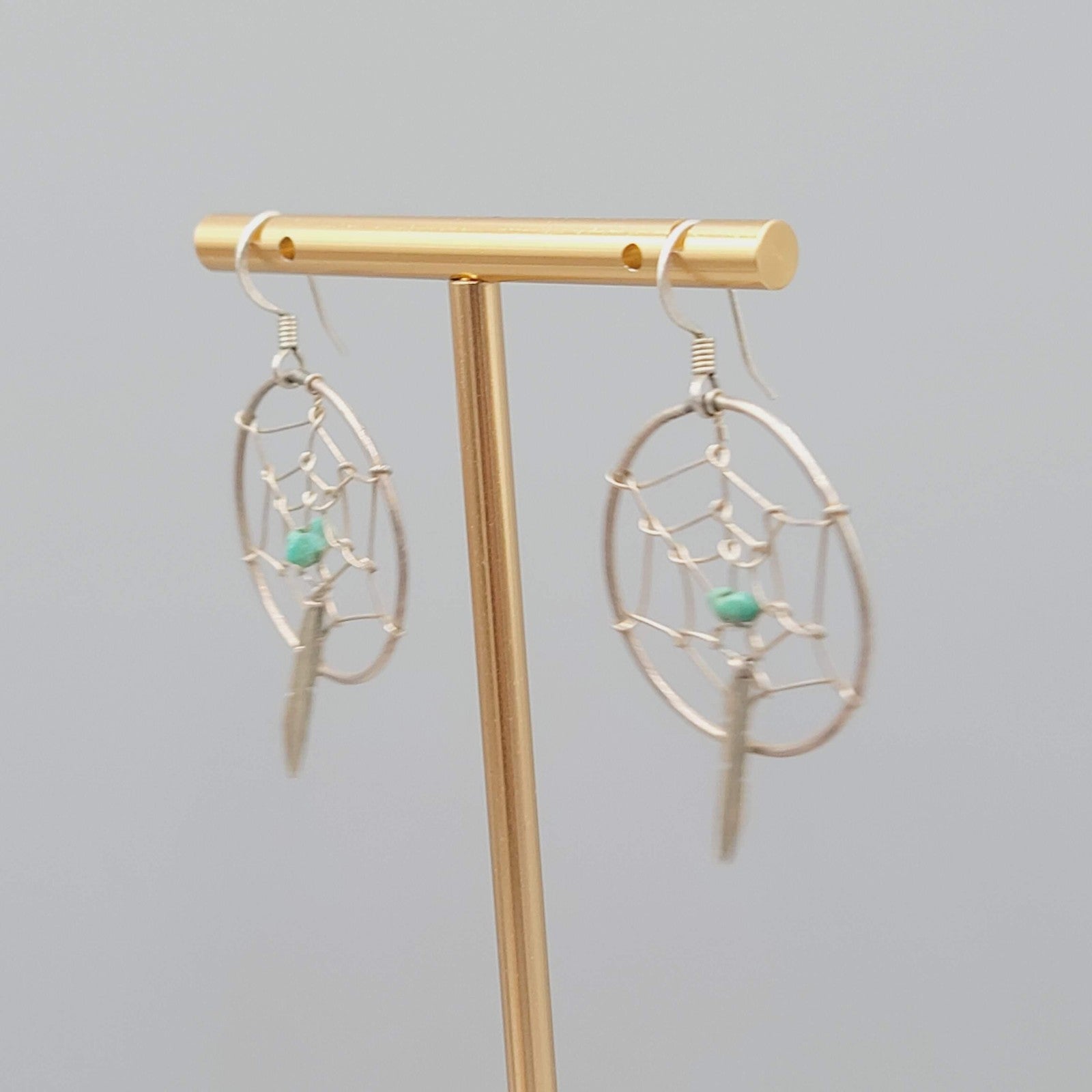 Vintage Silver tone Dreamcatcher Earrings Turquoise Feather Dangle 1.25"