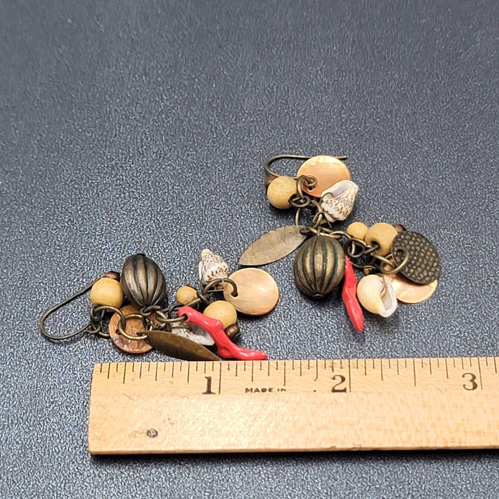 Charm Pierced Earrings Bronze tone Seashells Beads 2"