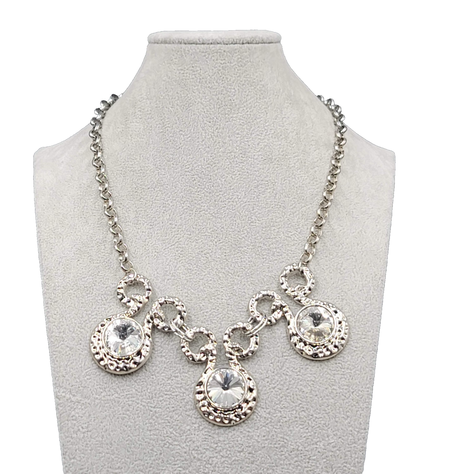 Large Clear Rivoli Rhinestone Necklace Silver tone Statement 18 in