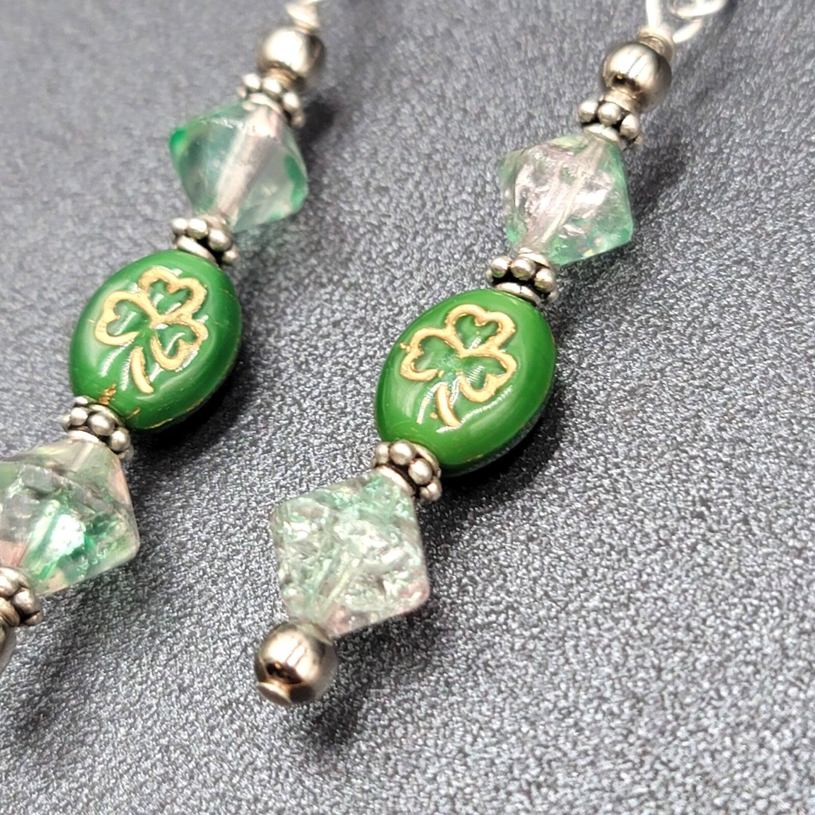 Beaded Pierced Earrings Dangle Silver tone Hook Green Bead Shamrock