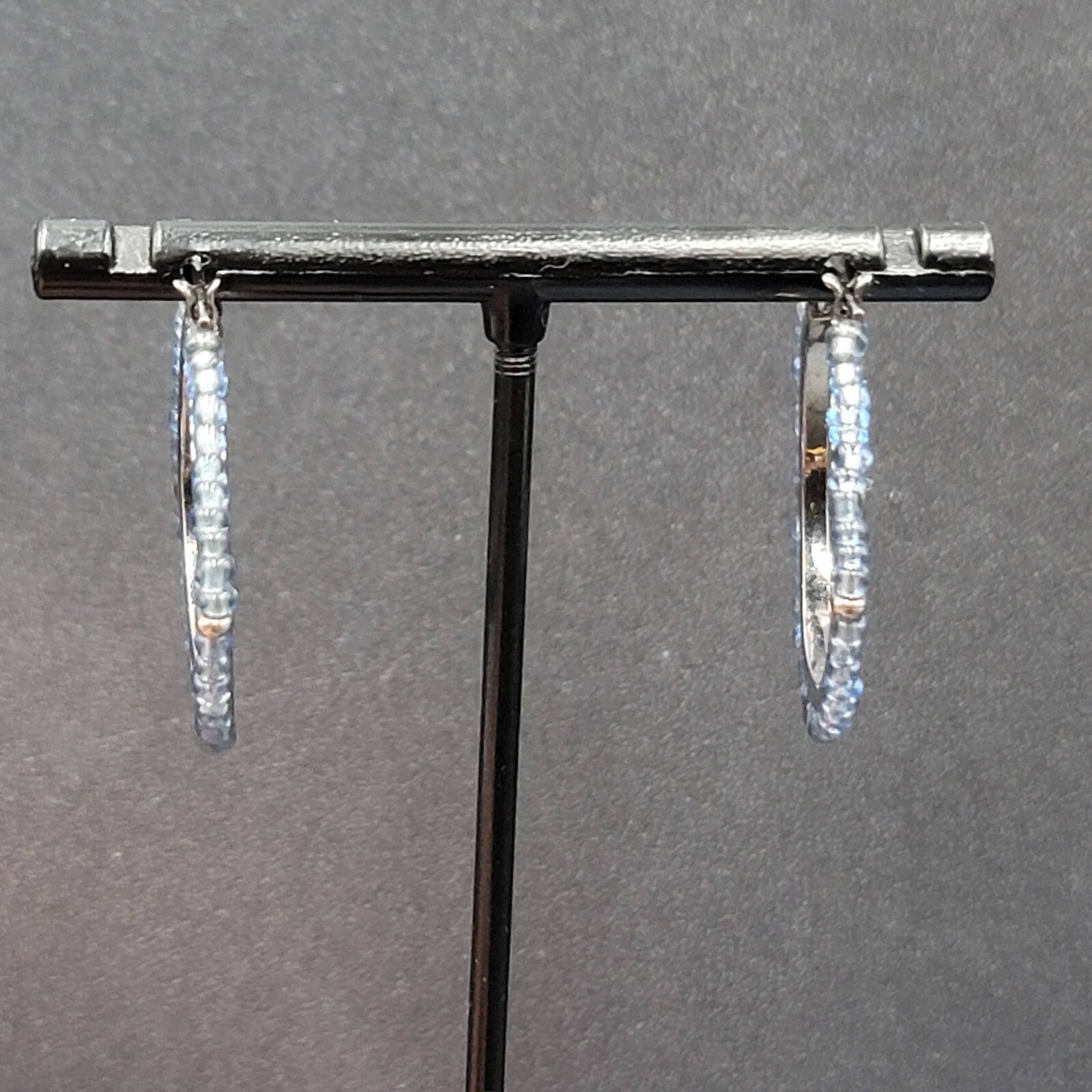 Pierced Earrings Black Metal Blue Seed Bead Hoops 1"