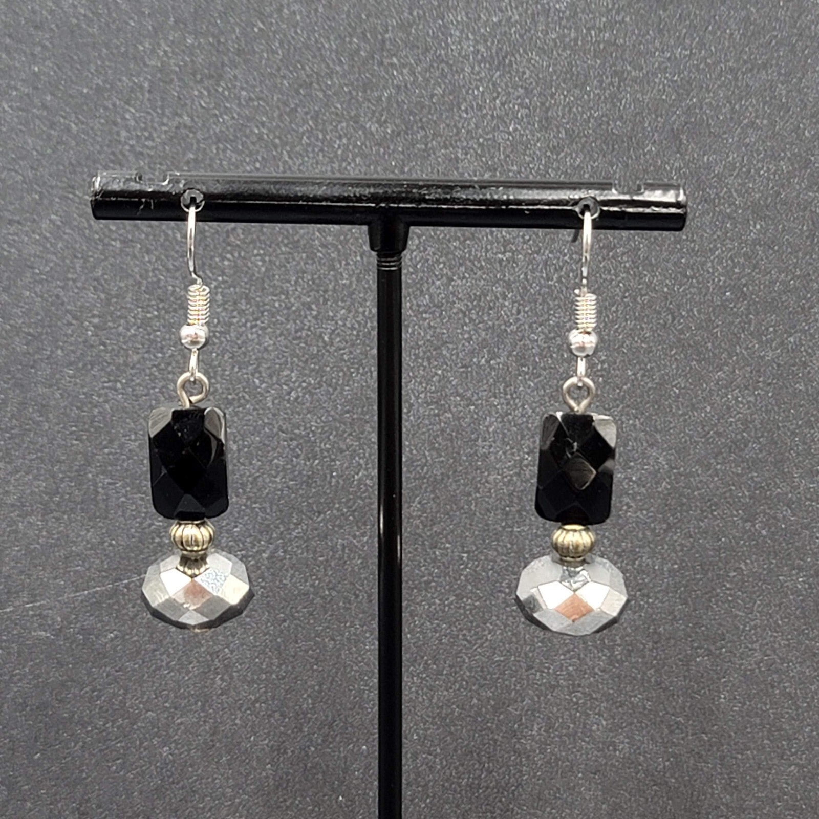 Pierced Earrings Black Glass Bead Silver tone Dangle 1.25"