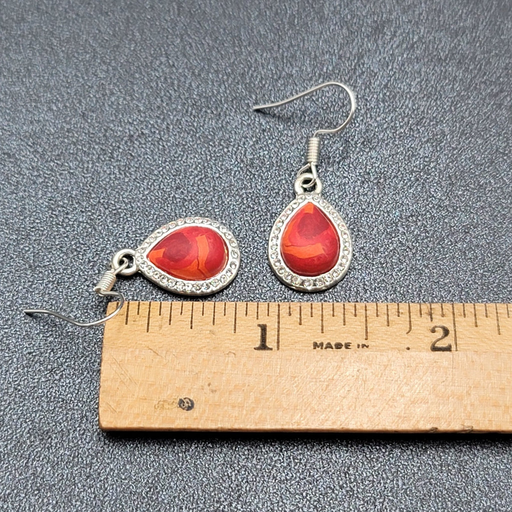 Pierced Earrings Silver tone Red Orange Polymer Clay Teardrop Rhinestone 3/4"
