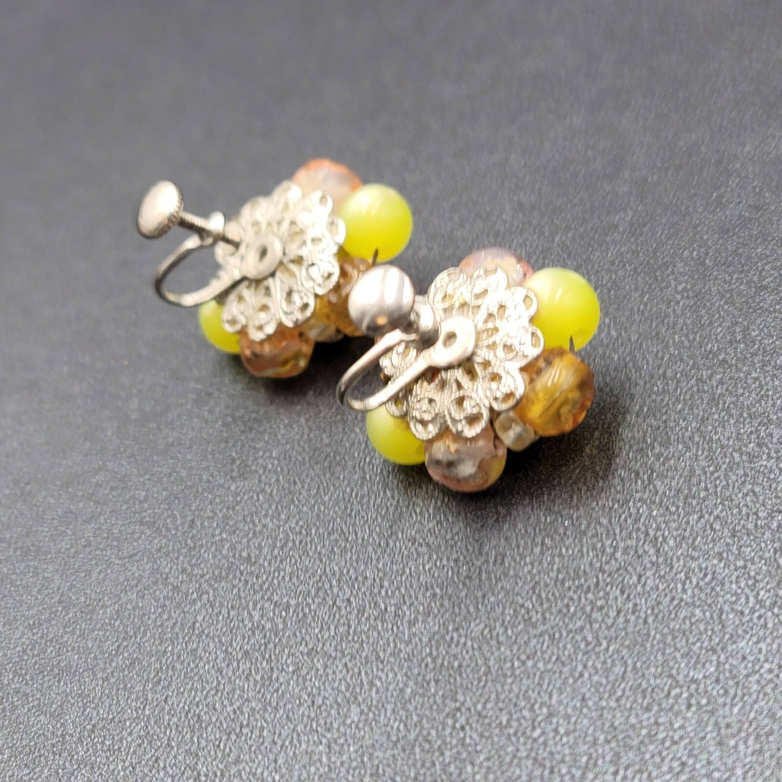 Vintage Clip on Earrings Yellow Green Pink Acrylic Cluster Bead Studs 1"