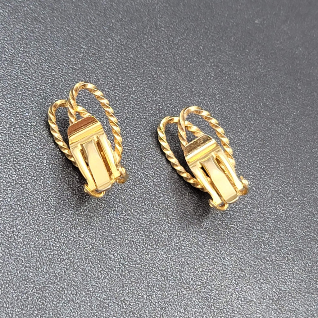 Vintage Clip on Earrings Textured Gold tone Rhinestone Drop 3/4"