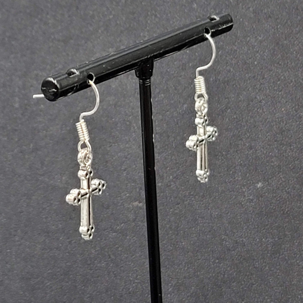 Pierced Earrings Cross Silver tone Dangle 7/8"