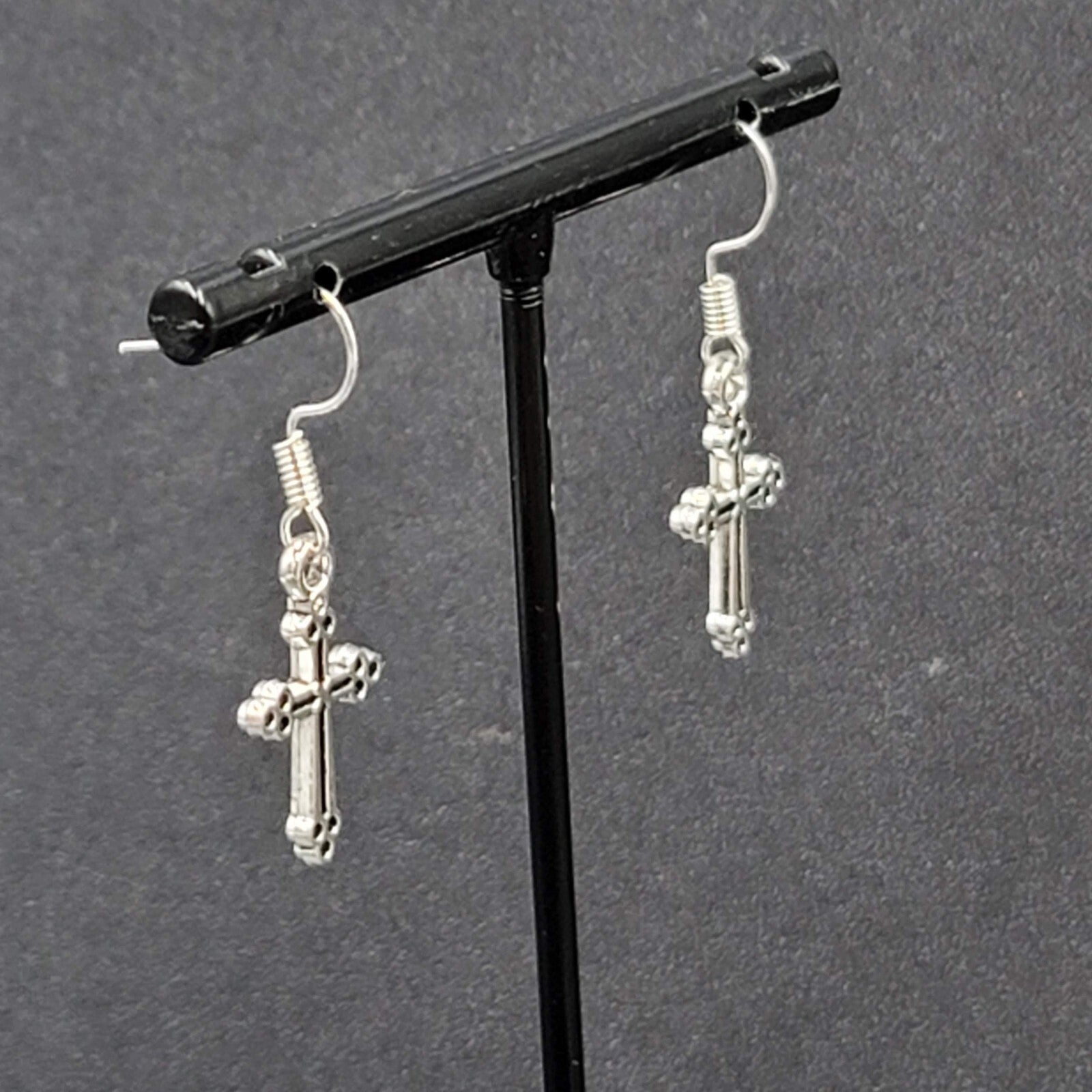 Pierced Earrings Cross Silver tone Dangle 7/8"