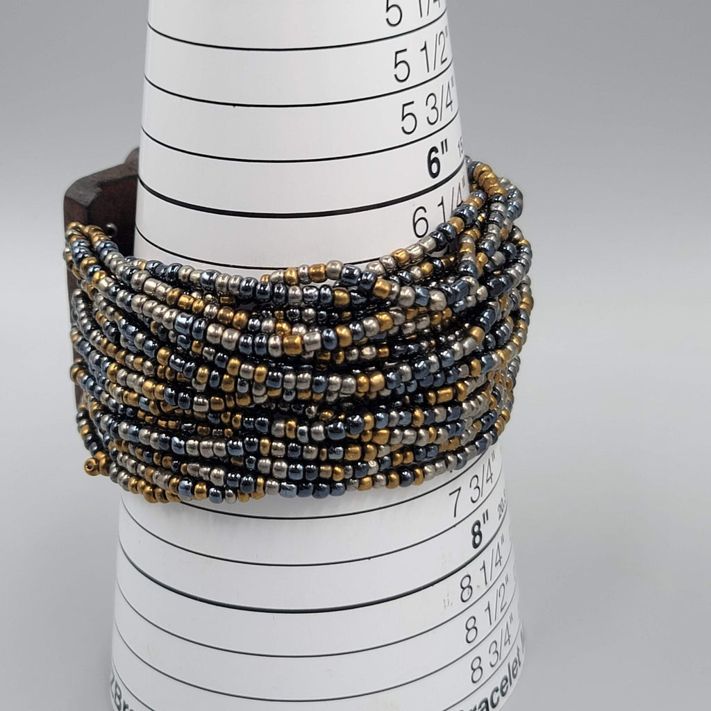 Wood Closure Wide Bracelet Multistrand Seed Bead 7"