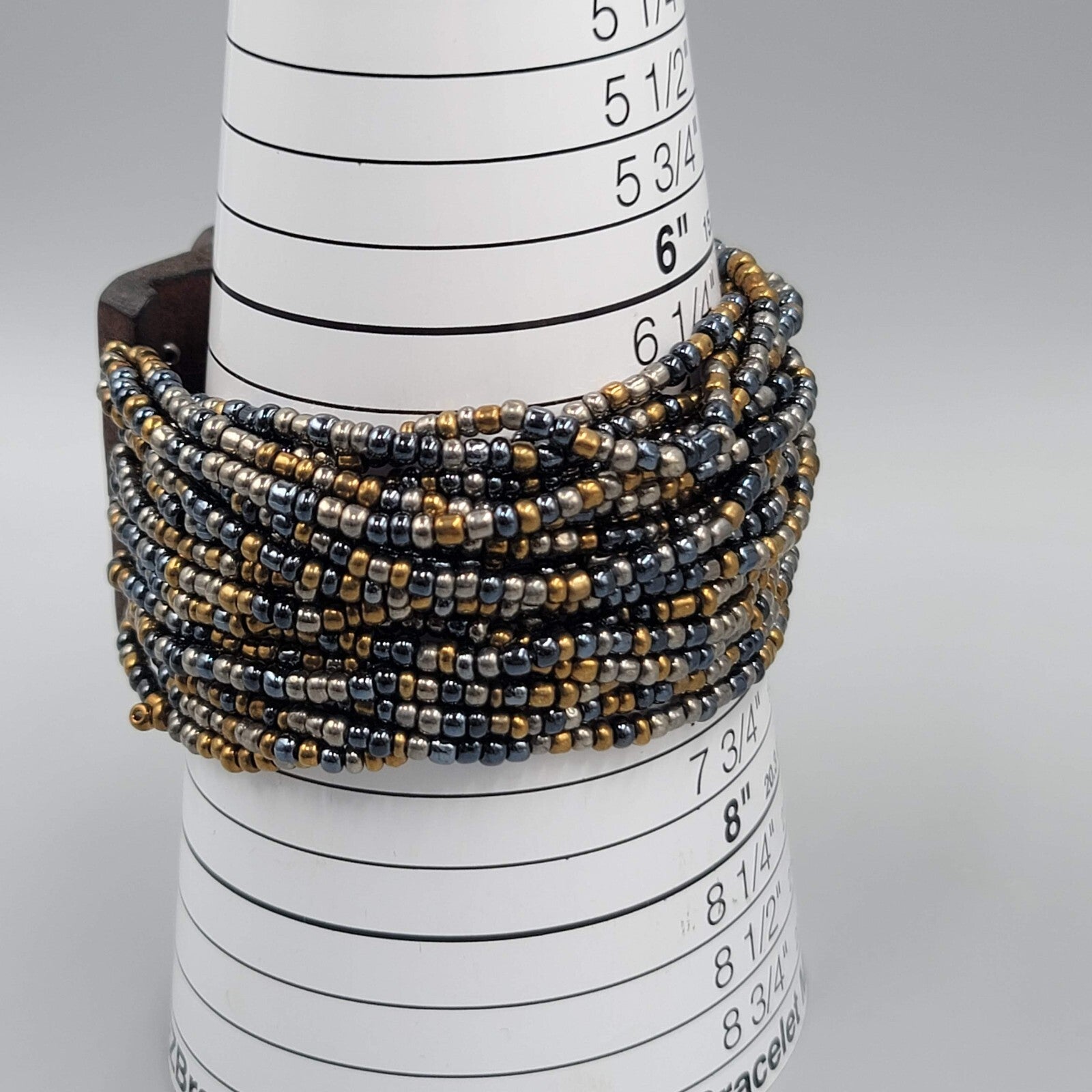 Wood Closure Wide Bracelet Multistrand Seed Bead 7"