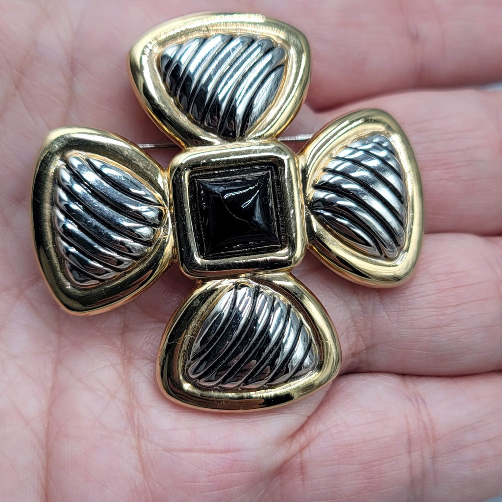 Vintage Brooch Gold and Silver tone Cross Black Center 1.75"