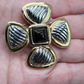 Vintage Brooch Gold and Silver tone Cross Black Center 1.75"