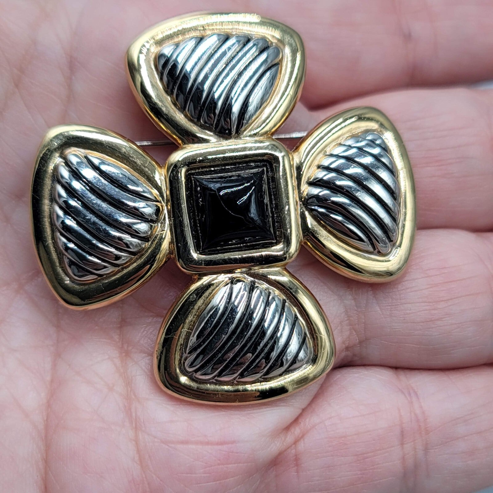 Vintage Brooch Gold and Silver tone Cross Black Center 1.75"