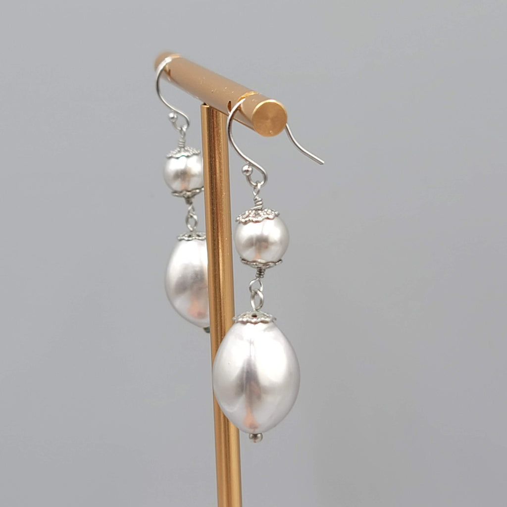 Satin Silver tone Filigree Cap Bead Pierced Earrings Dangle 1.5 in