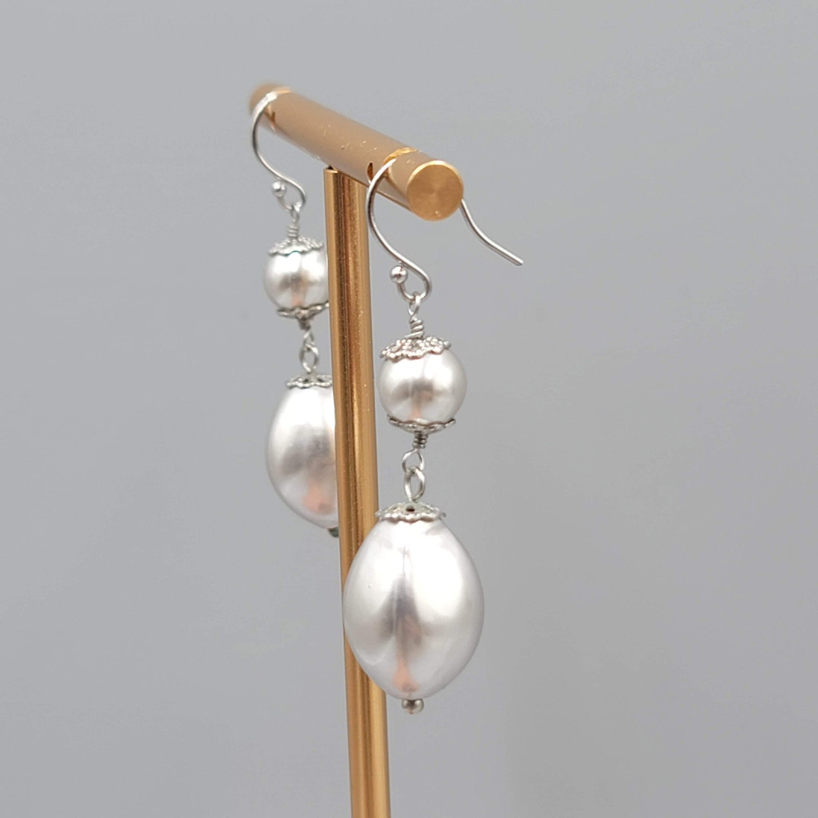 Satin Silver tone Filigree Cap Bead Pierced Earrings Dangle 1.5 in