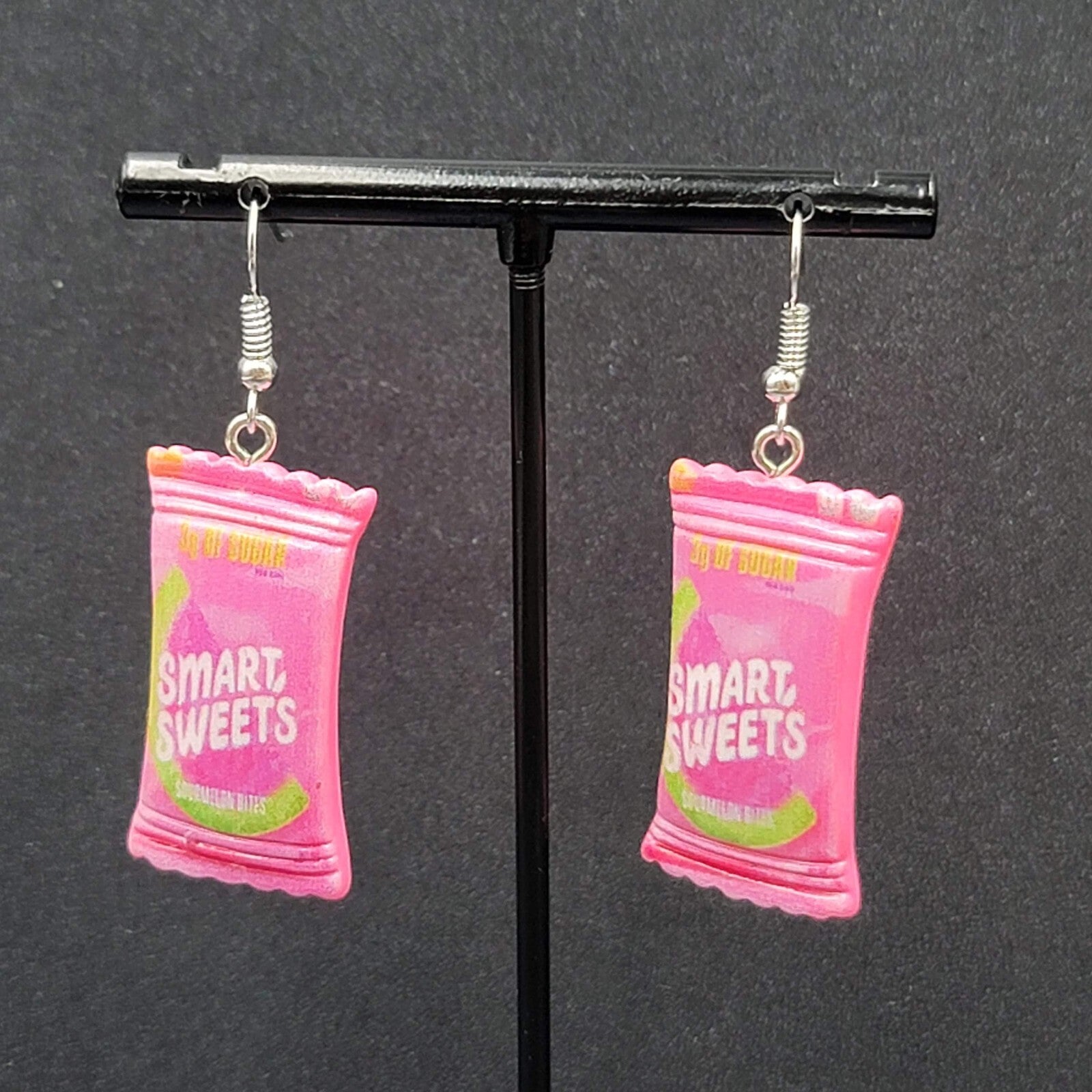 Smart Sweets Pierced Earrings Silver tone Candy Pink Dangle 1.25"