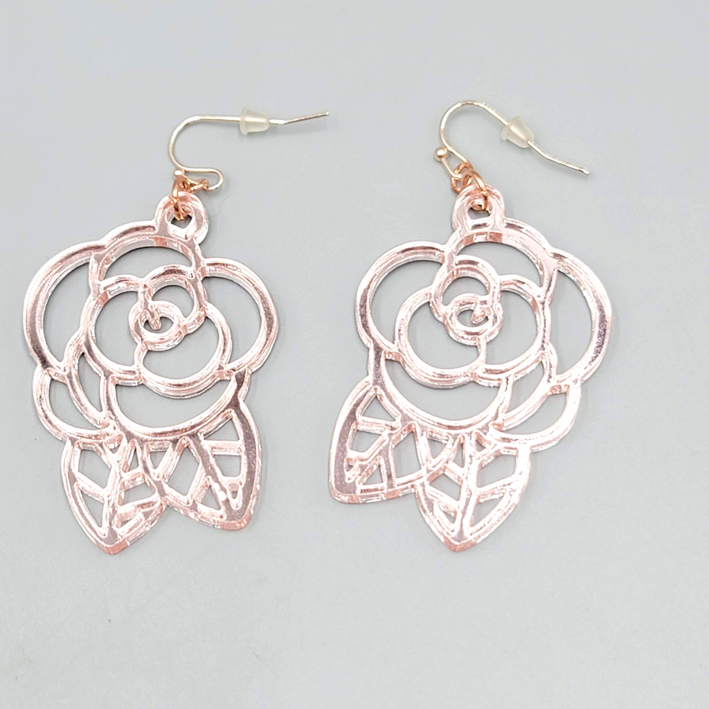 Pink Mirrored Open Work Flower Pierced Earrings Silver tone Dangle 2"