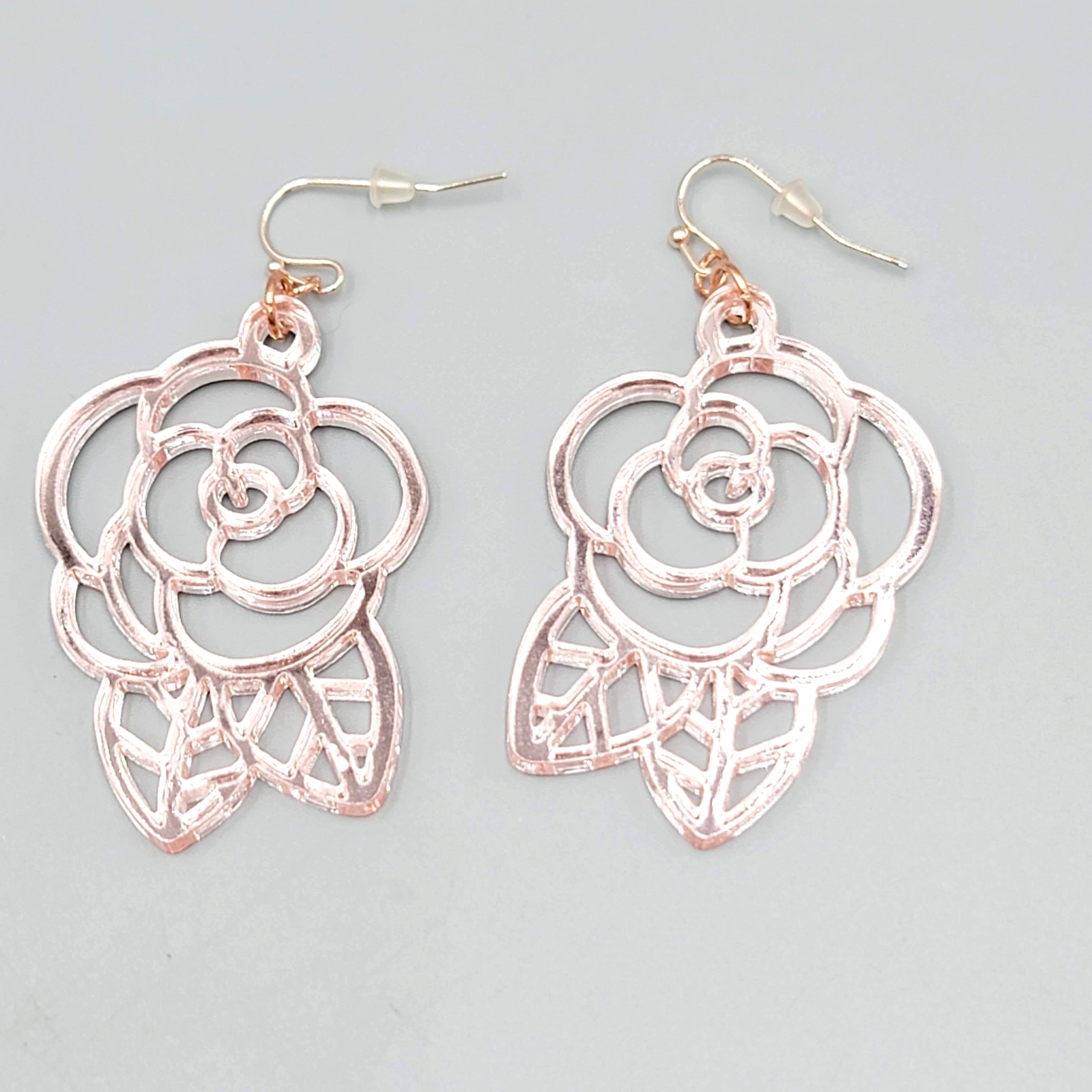 Pink Mirrored Open Work Flower Pierced Earrings Silver tone Dangle 2"
