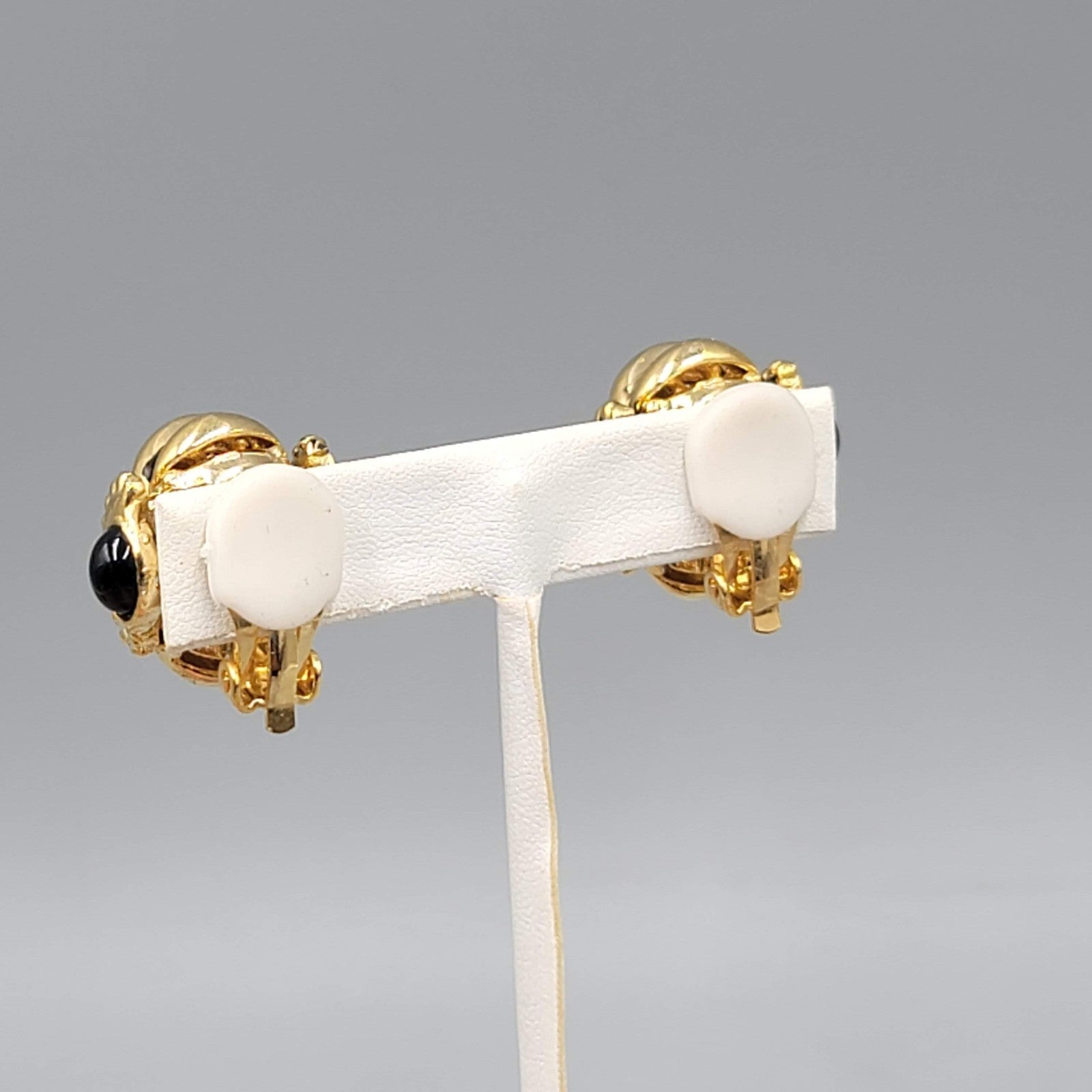 Vintage Clip on Earrings Gold Plated Black Side Accents Statement 1 in