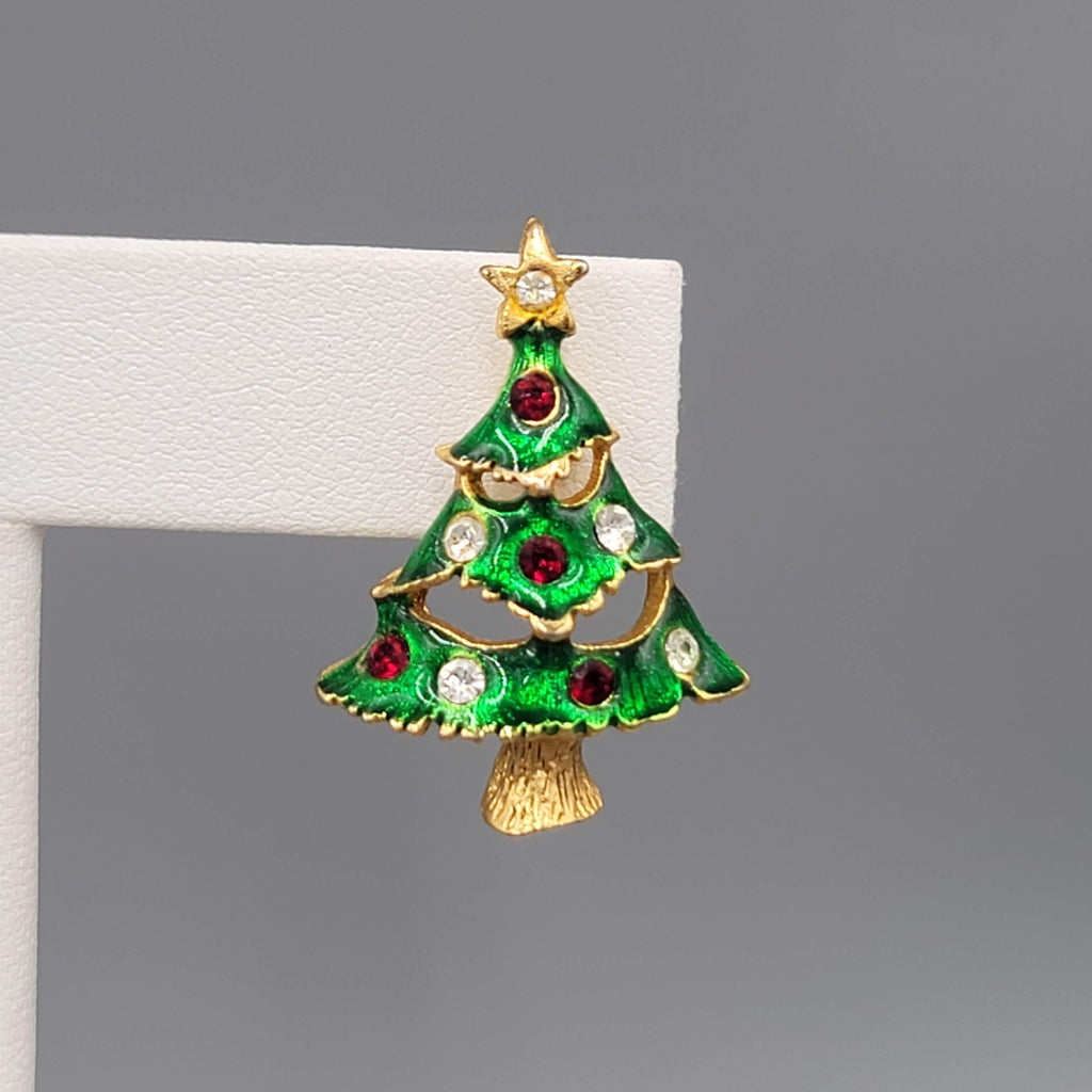 Christmas Tree Pierced Earrings Gold tone Enamel Rhinestone 1 1/8"
