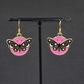 Black Moth Hot Pink Enamel Pierced Earrings Gold tone Dangle Butterfly 7/8"