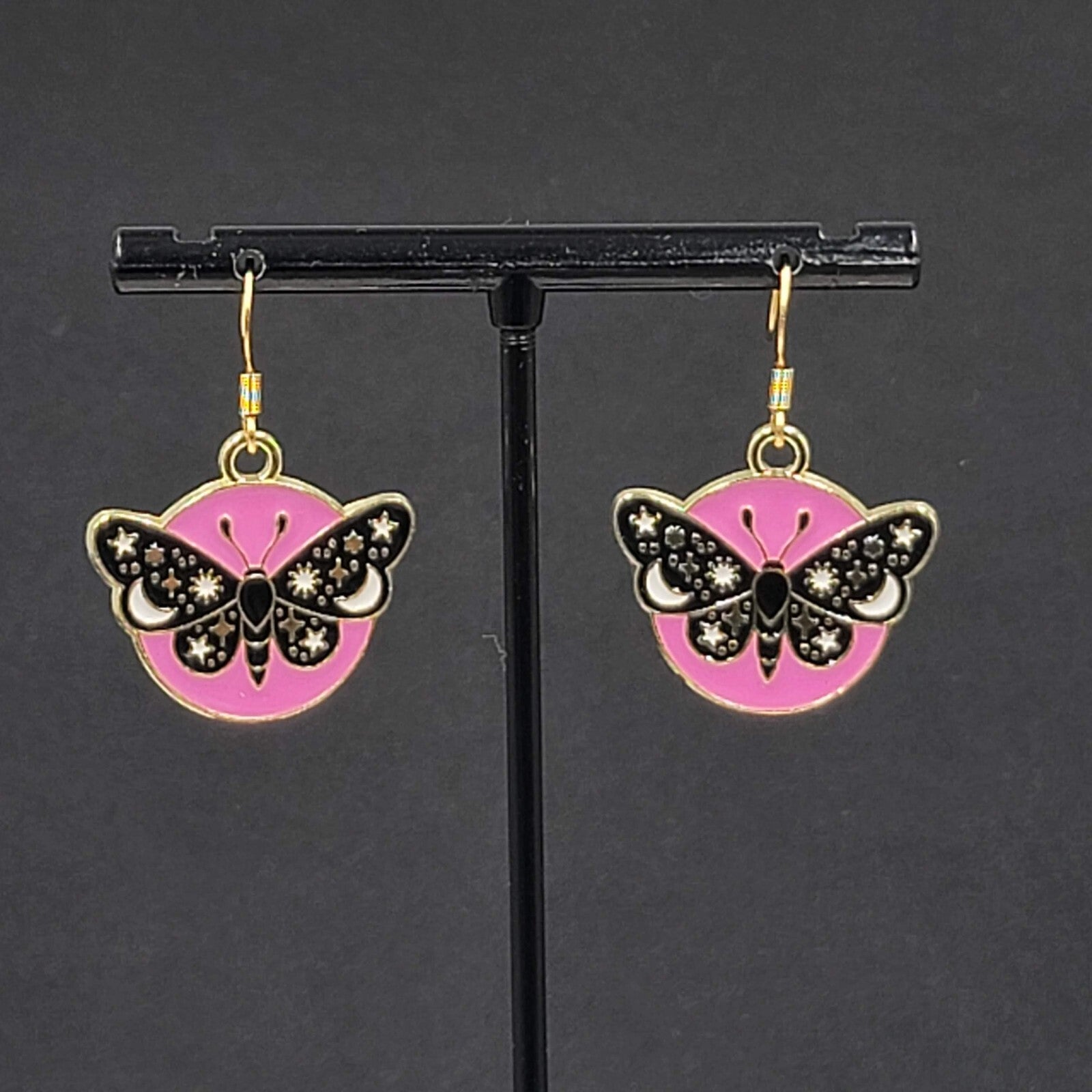 Black Moth Hot Pink Enamel Pierced Earrings Gold tone Dangle Butterfly 7/8"