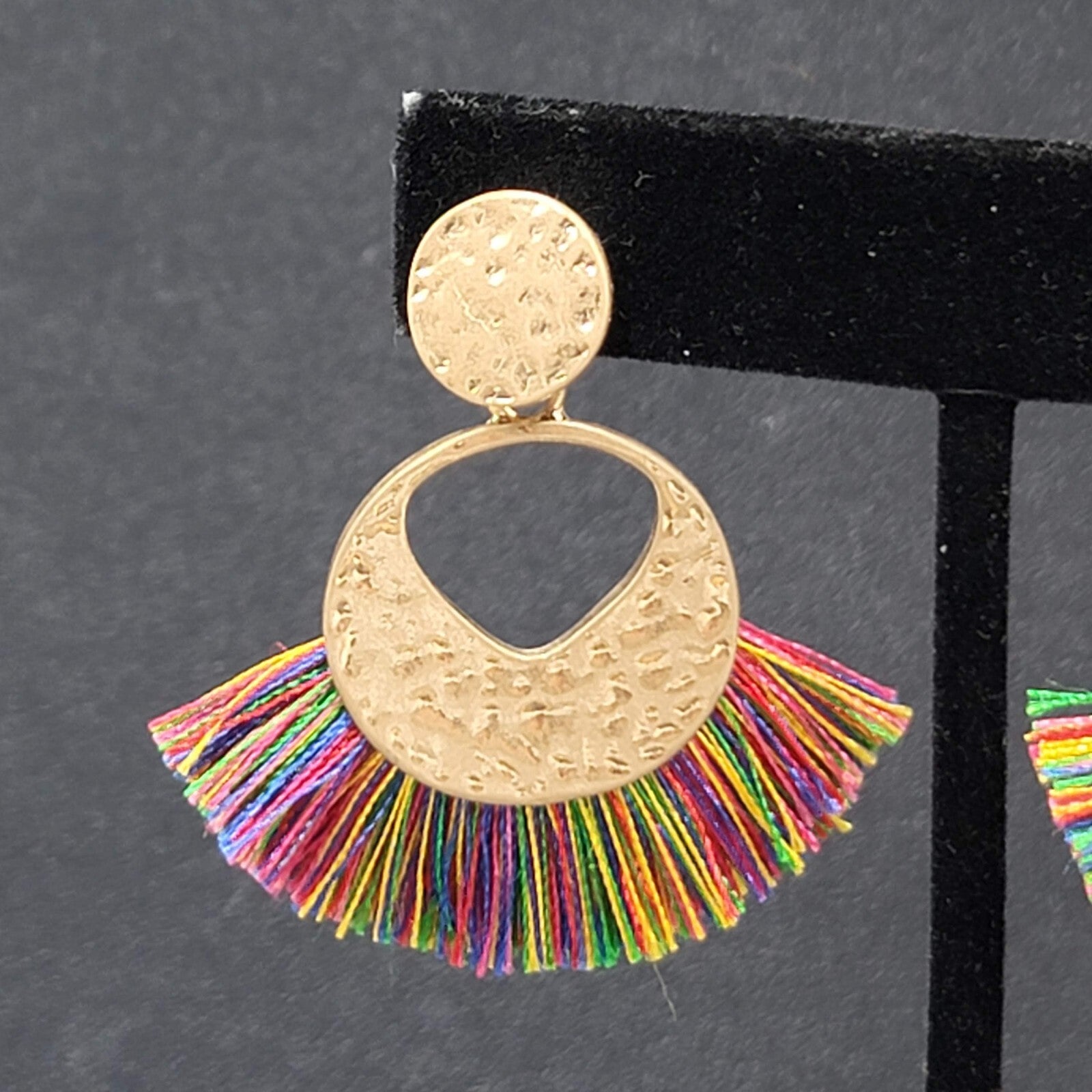 Pierced Earrings Gold tone Multicolor Tassel Boho 1.75"