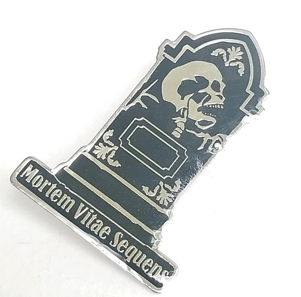 Mortem Vitae Sequens Skeleton Head Stone Funeral Gothic Lapel Pin 